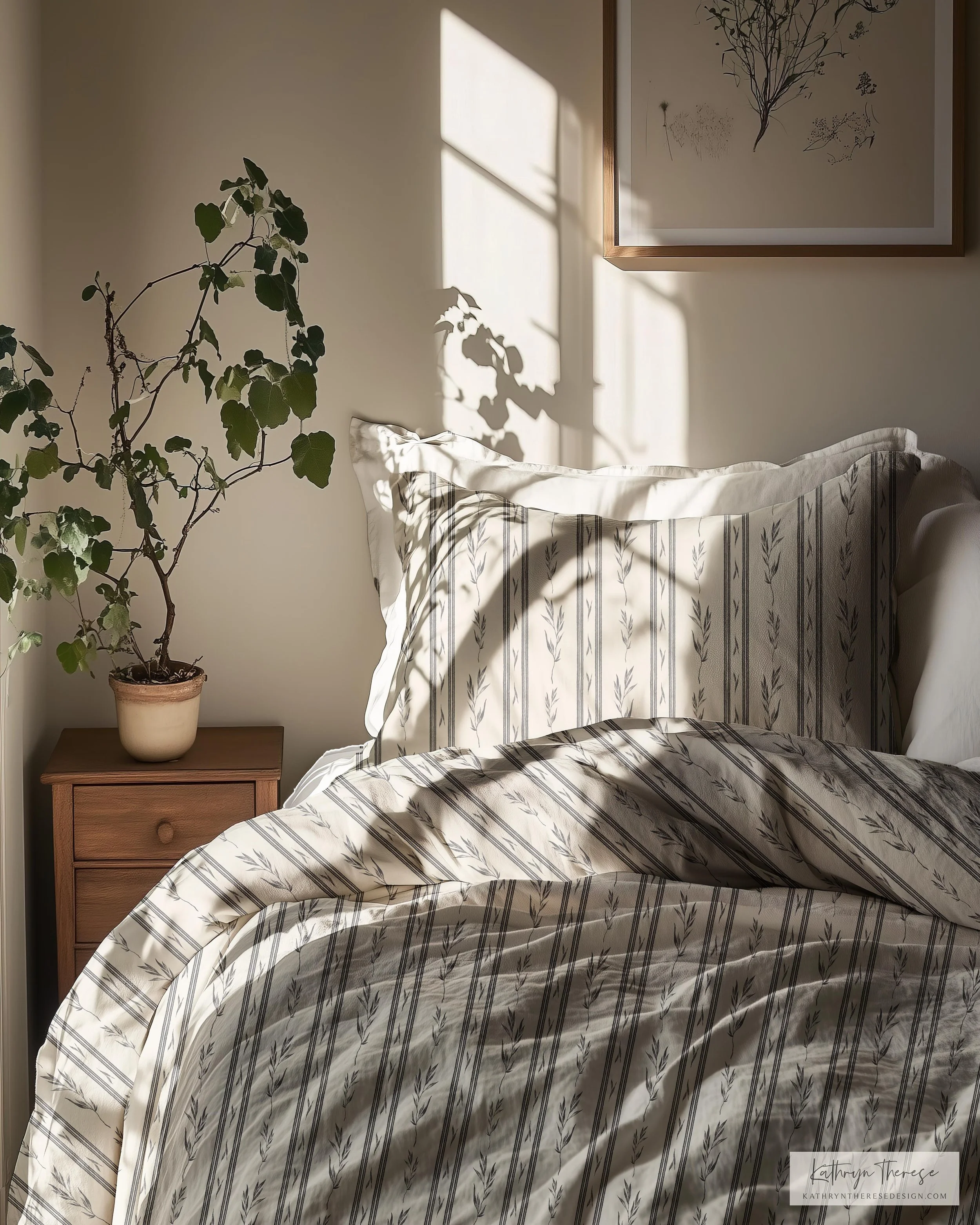 Vintage Botanical Stripe Bedding in Cream and Charcoal Gray