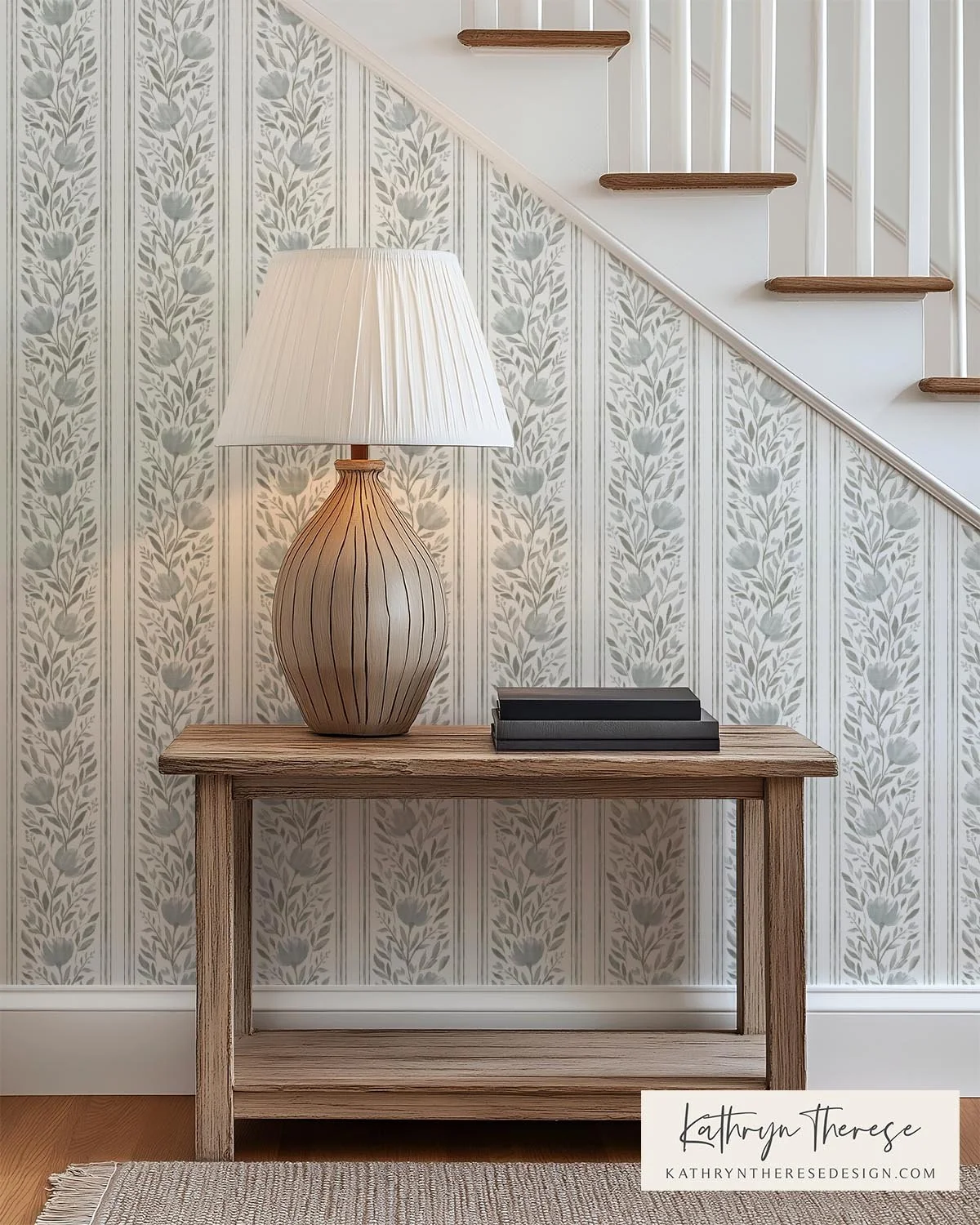 Dusty Teal Floral Stripe Wallpaper in Modern Traditional Interior