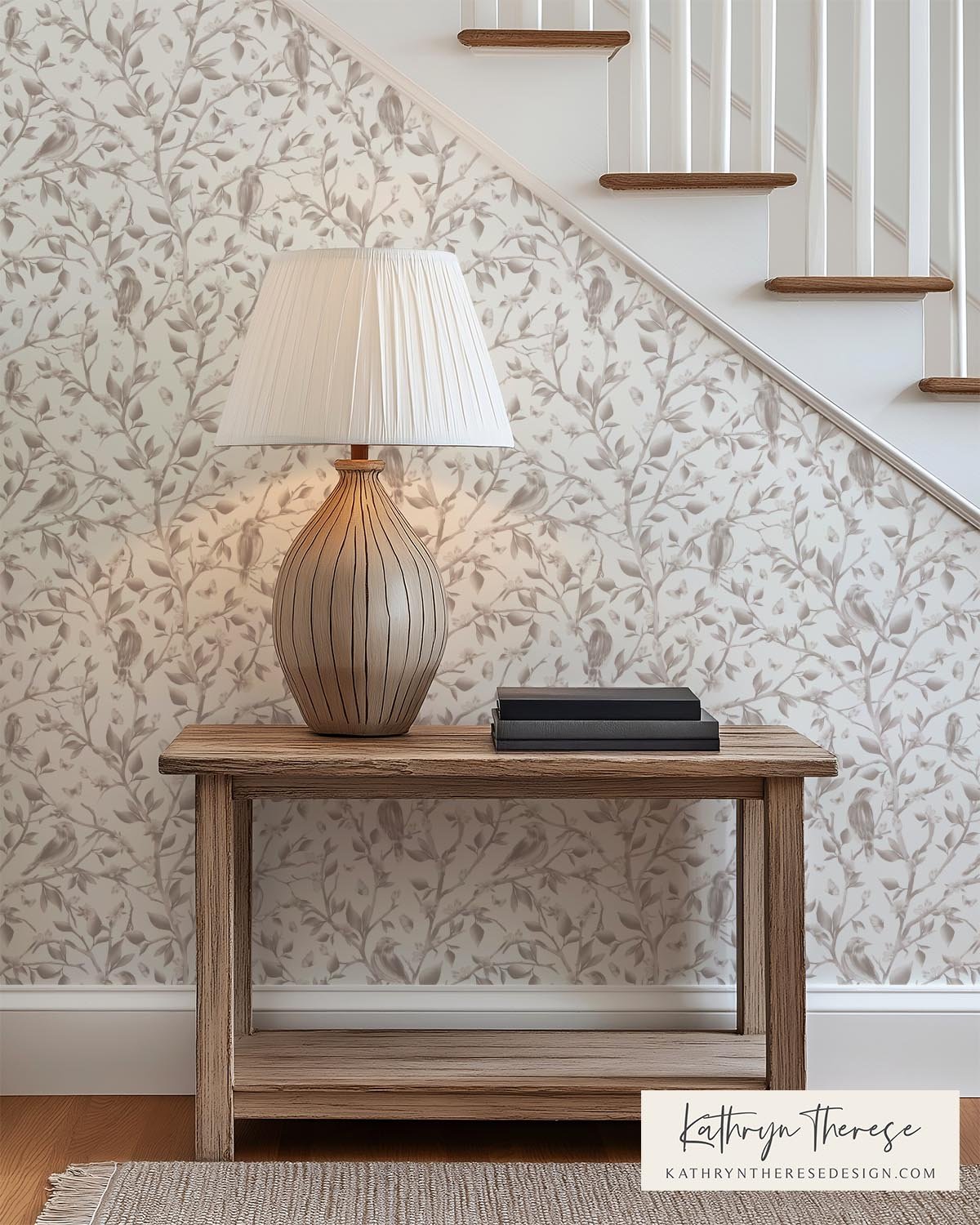 Neutral Vintage Bird &amp; Botanical Toile Wallpaper for Cottage &amp; English Country Interiors