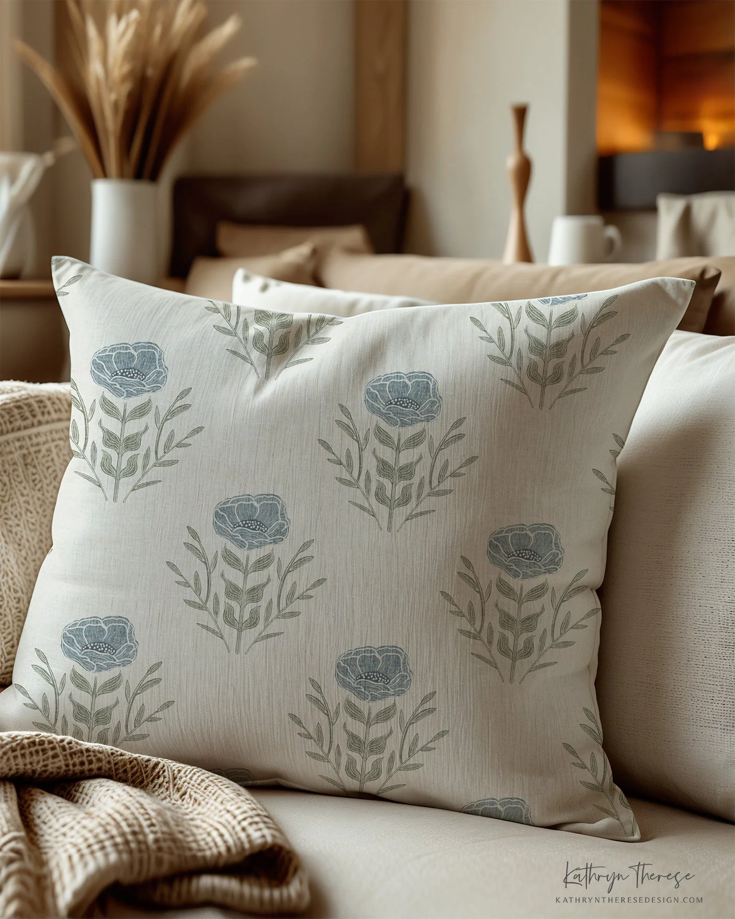 Blue and green block print floral pillow
