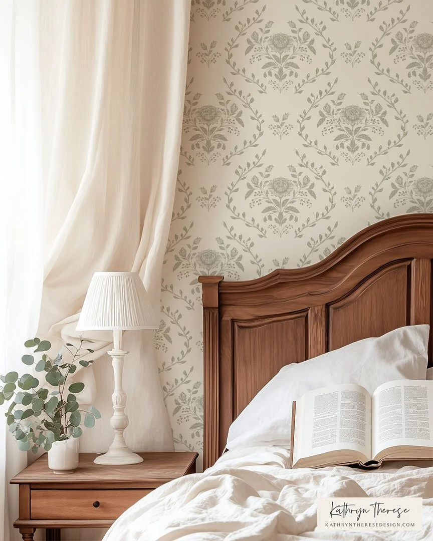 Marlowe - Sage Green Cream Floral Trellis Wallpaper for Modern Traditional Bedroom
