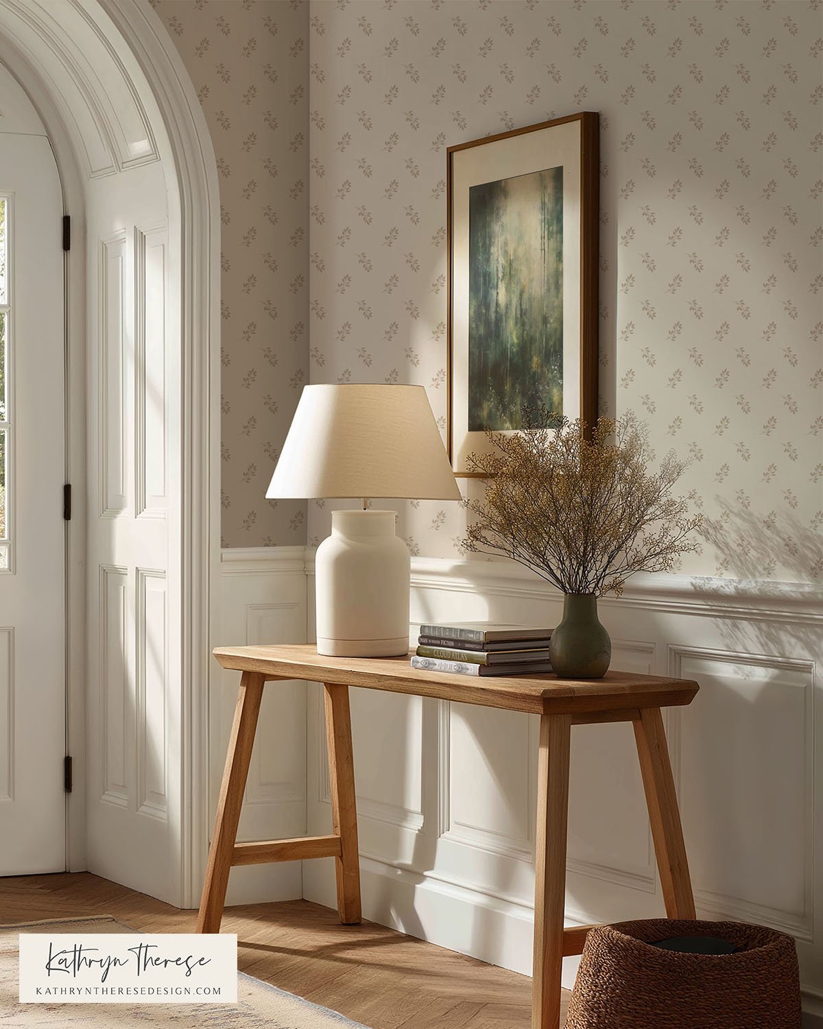 Lennox Small Scale Botanical Sprig Wallpaper for Modern Traditional Interiors in Beige