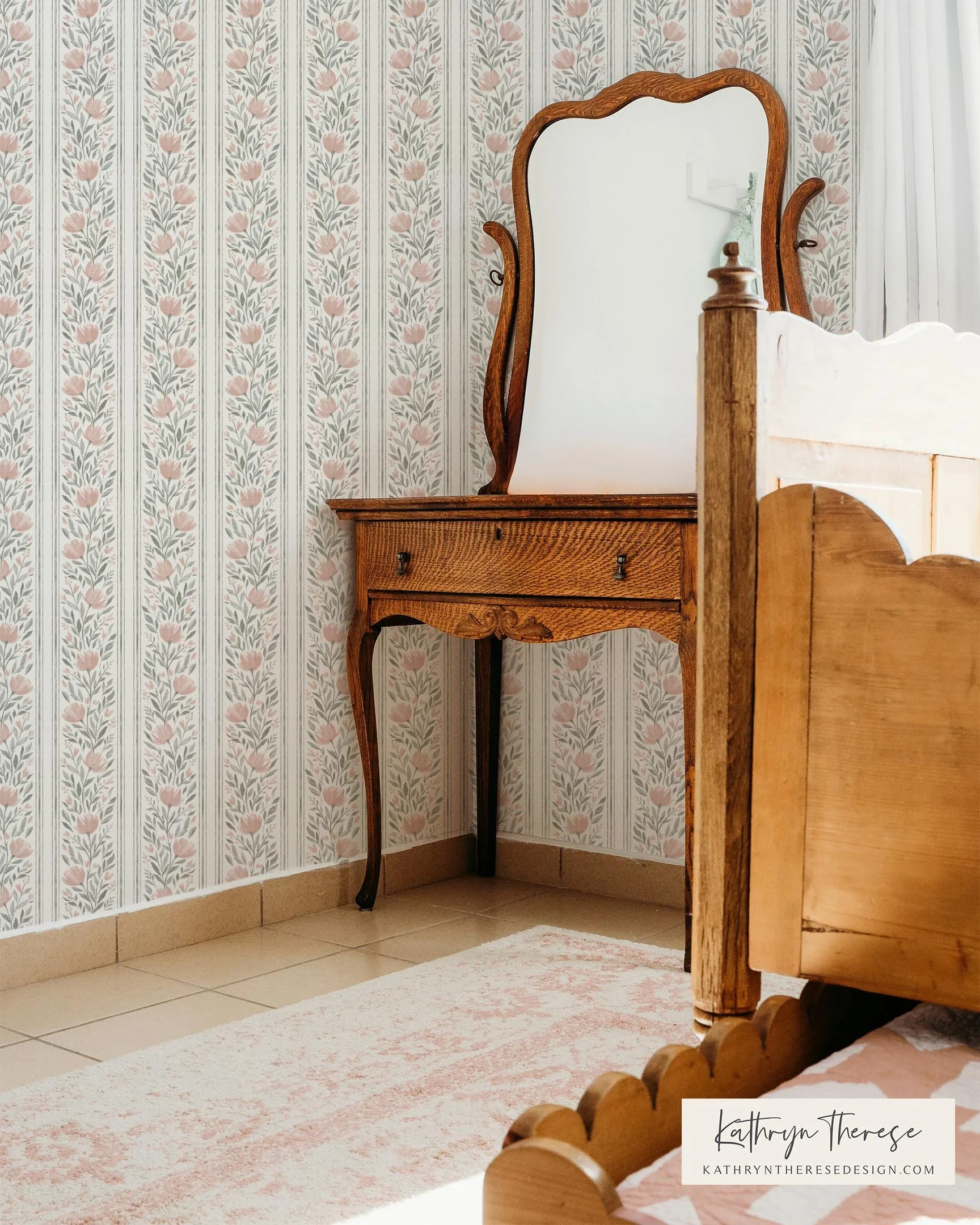 Pink Floral Stripe Wallpaper in Girl Room