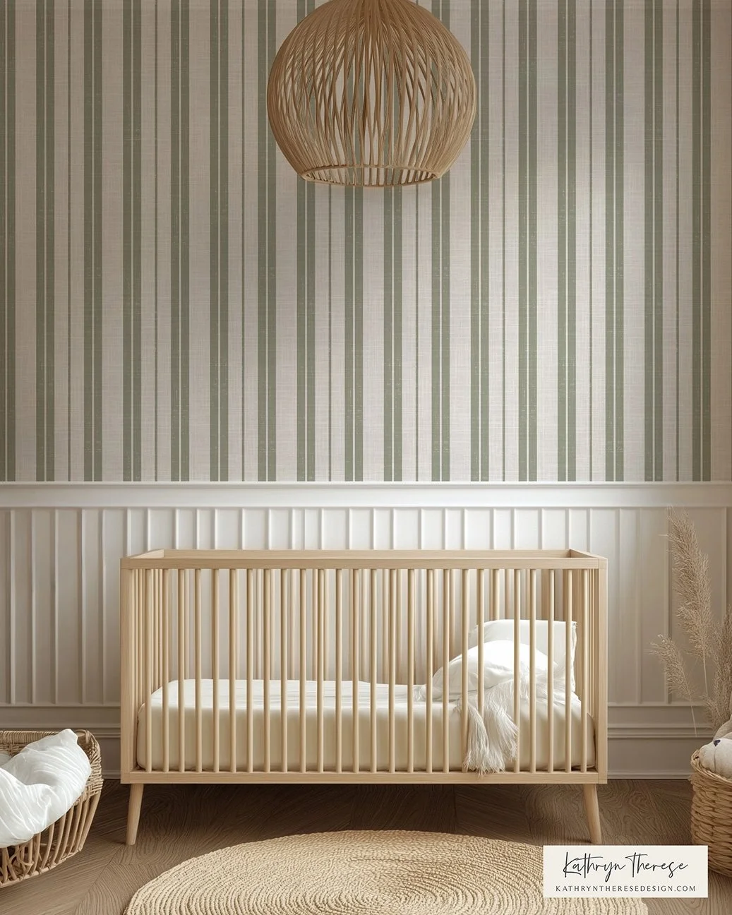 A vintage style nursery with a wooden crib, a wicker basket on the left, and a round beige rug on the floor. The wall has vertical stripes in shades of gray and green, with a round rattan pendant light hanging from the ceiling. There are pampas grass