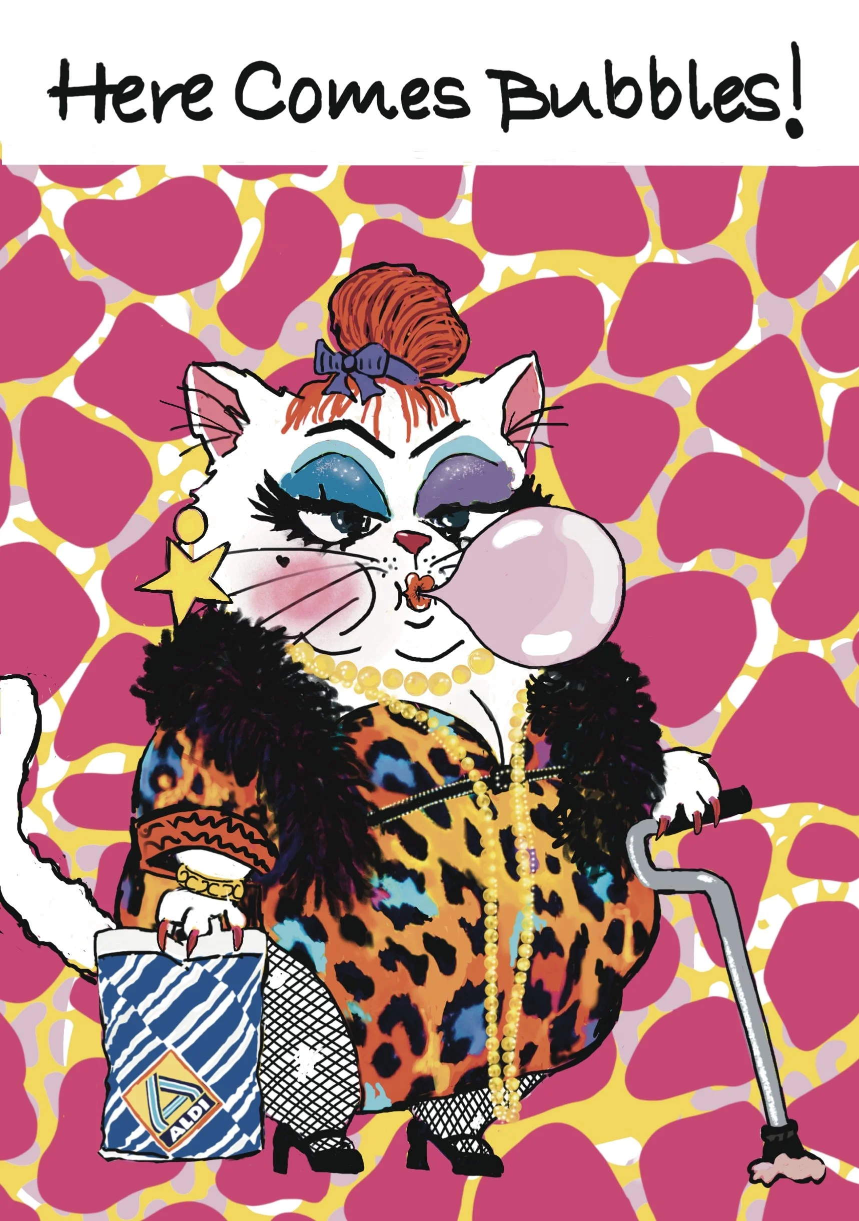 Cartoon cat dressed in glamorous fashion, blowing a bubble gum bubble, with a leopard print dress, fishnet stockings, high heels, and jewelry, set against a colorful abstract background with the text 'Here Comes Bubbles!'