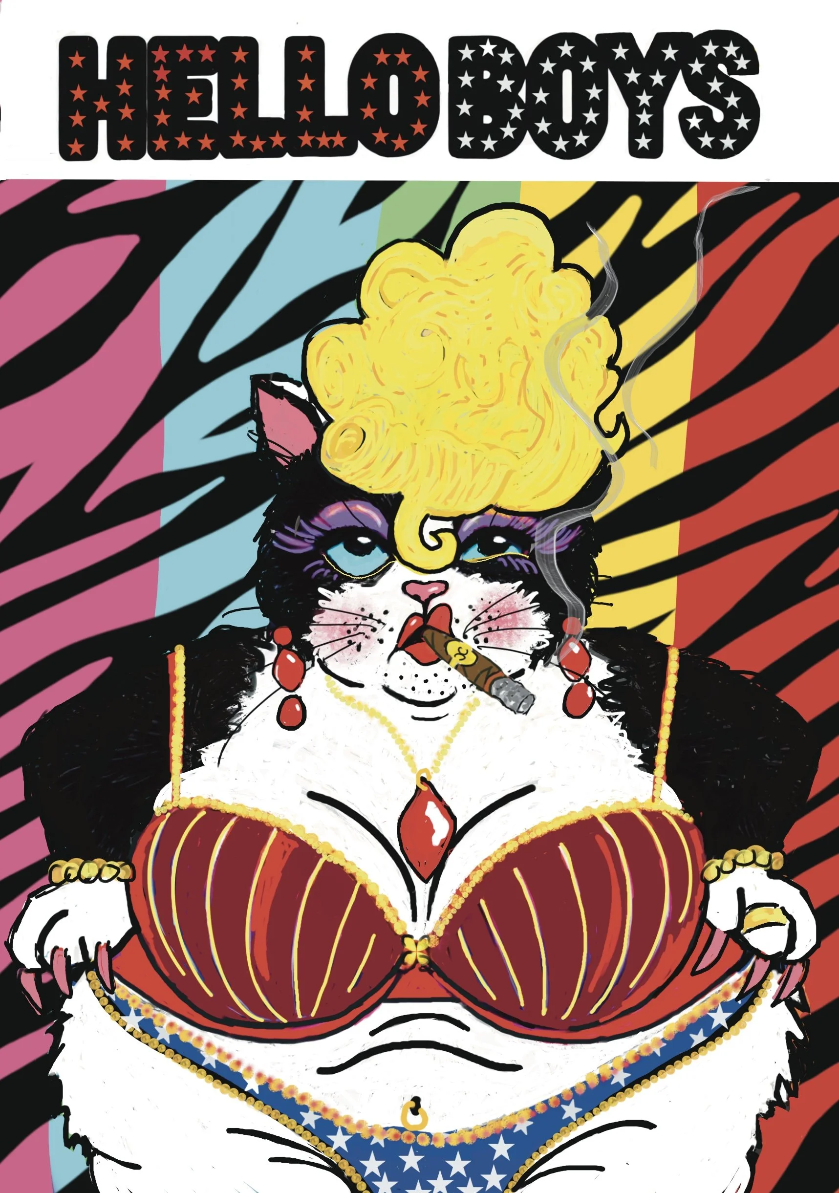 Funny pop art illustration of a glamorous curvy cat with blonde vintage curls, a cigar, red lingerie and star-spangled briefs. Colourful fashion-inspired artwork from the Crappy Cats and Other Stuff collection.