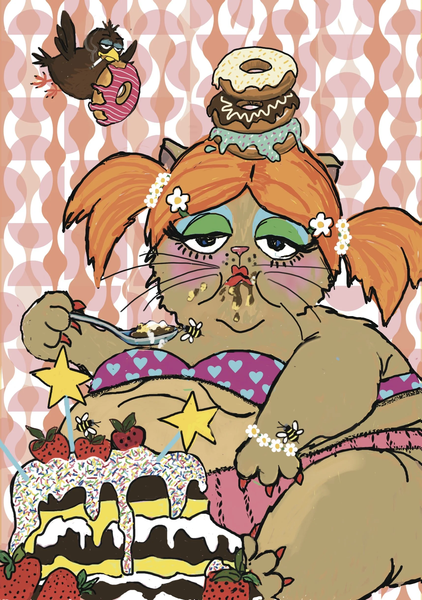 An illustration of a tired, overweight, anthropomorphic cat with orange hair and green eye makeup. She is wearing a purple dress with blue hearts, surrounded by strawberries, stars, and bees. There is a large cake with strawberries, rainbow sprinkles, and icing at her side. The background features an orange and white patterned wallpaper. She has donuts stacked on her head and is holding a spoon with cake on it.
