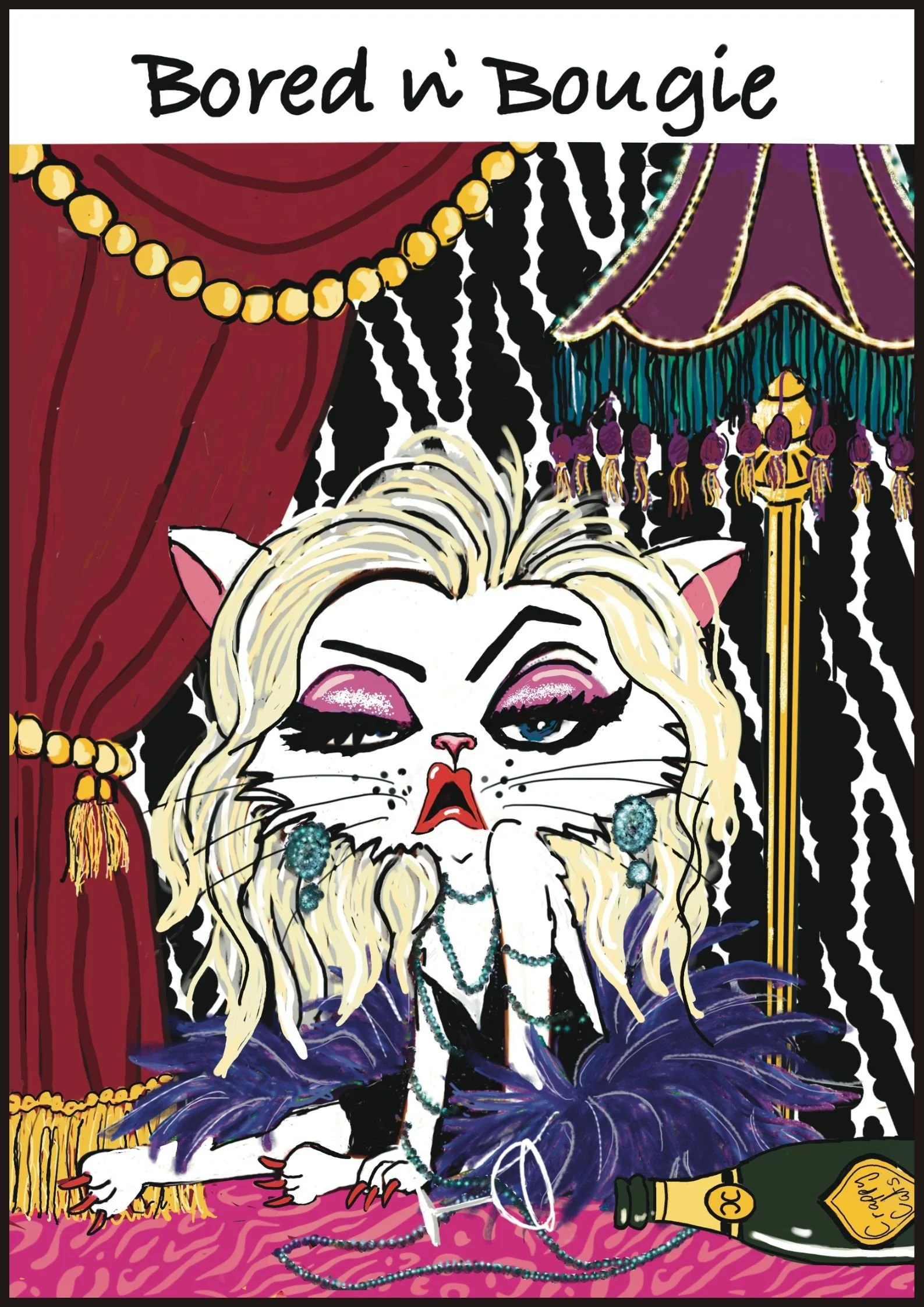 Funny pop art illustration of a glamorous white cat with blonde hair, dramatic makeup, feathers and champagne, looking bored in a luxurious boudoir. From the Crappy Cats and Other Stuff collection.