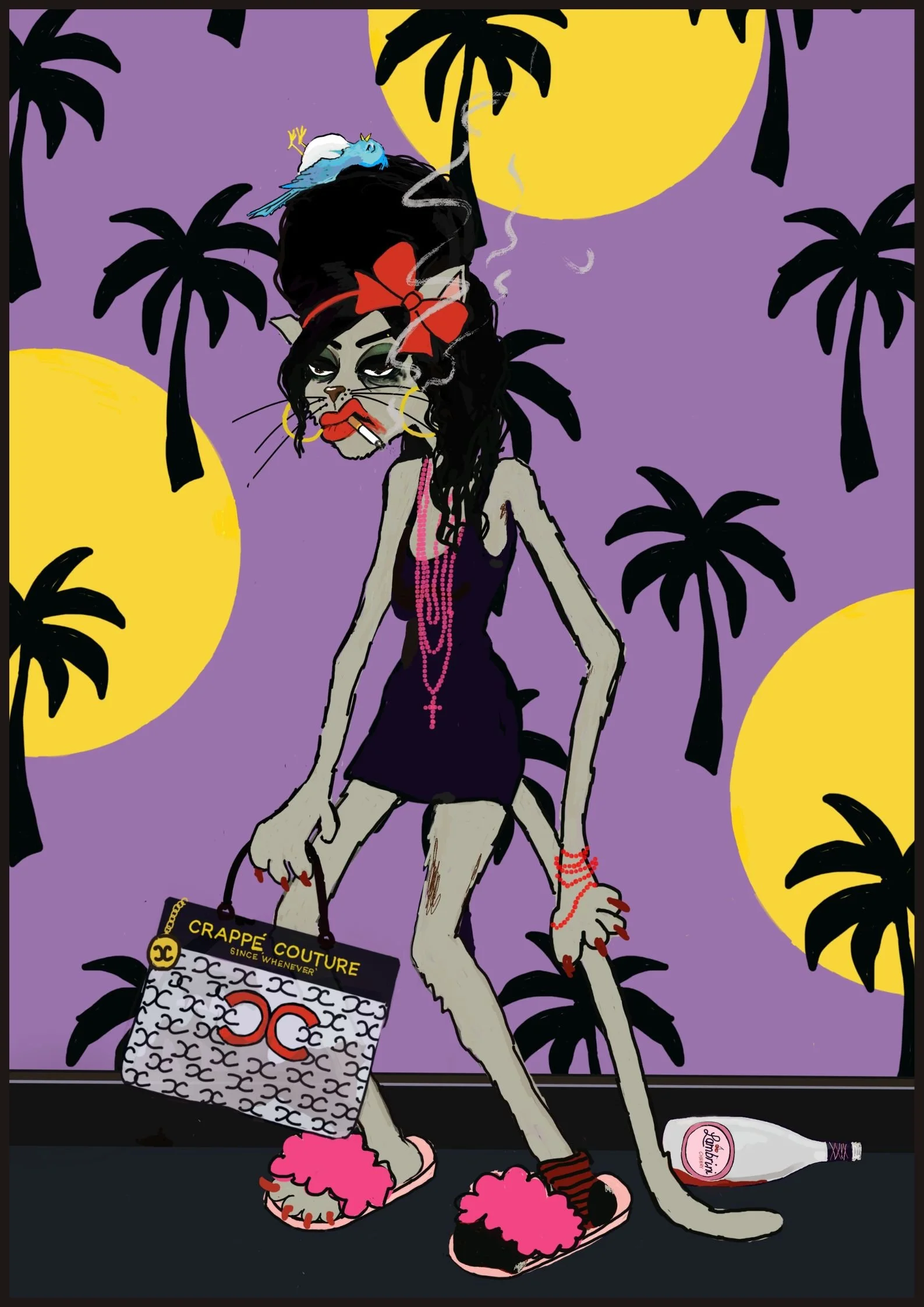 Funny pop art illustration of a glamorous dishevelled fashion cat with a beehive hairstyle, cigarette, luxury shopping bag and slippers, walking past palm trees at night. From the Crappy Cats and Other Stuff collection.