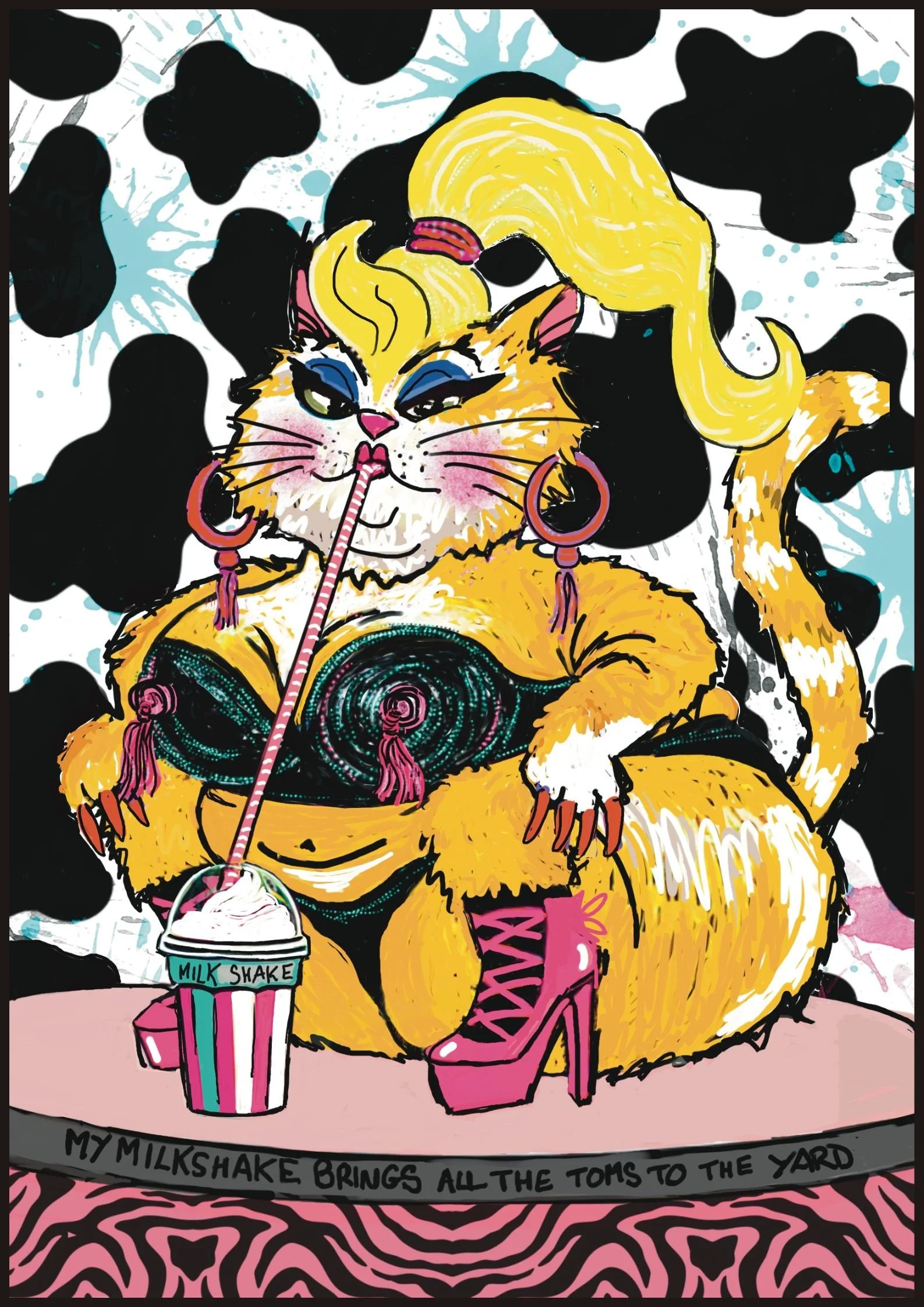 Funny cat wall art featuring a glamorous orange cat with a milkshake, blonde ponytail and pink platform boots. Colourful pop art illustration for cat lovers.
