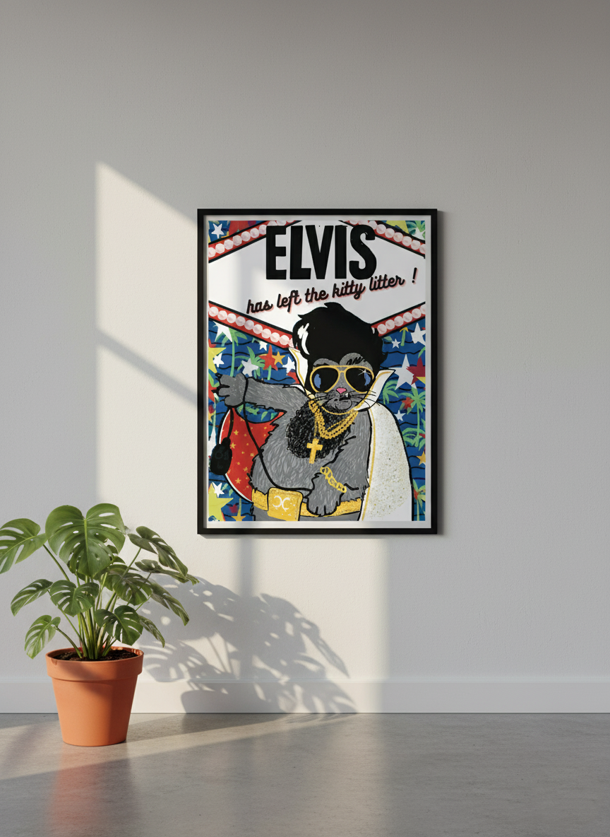Colorful poster of Elvis Presley as a cool cat with sunglasses, gold chains, and a crown, surrounded by stars and patterns, with text saying "ELVIS has left the kitty litter!" in a modern, artistic style.