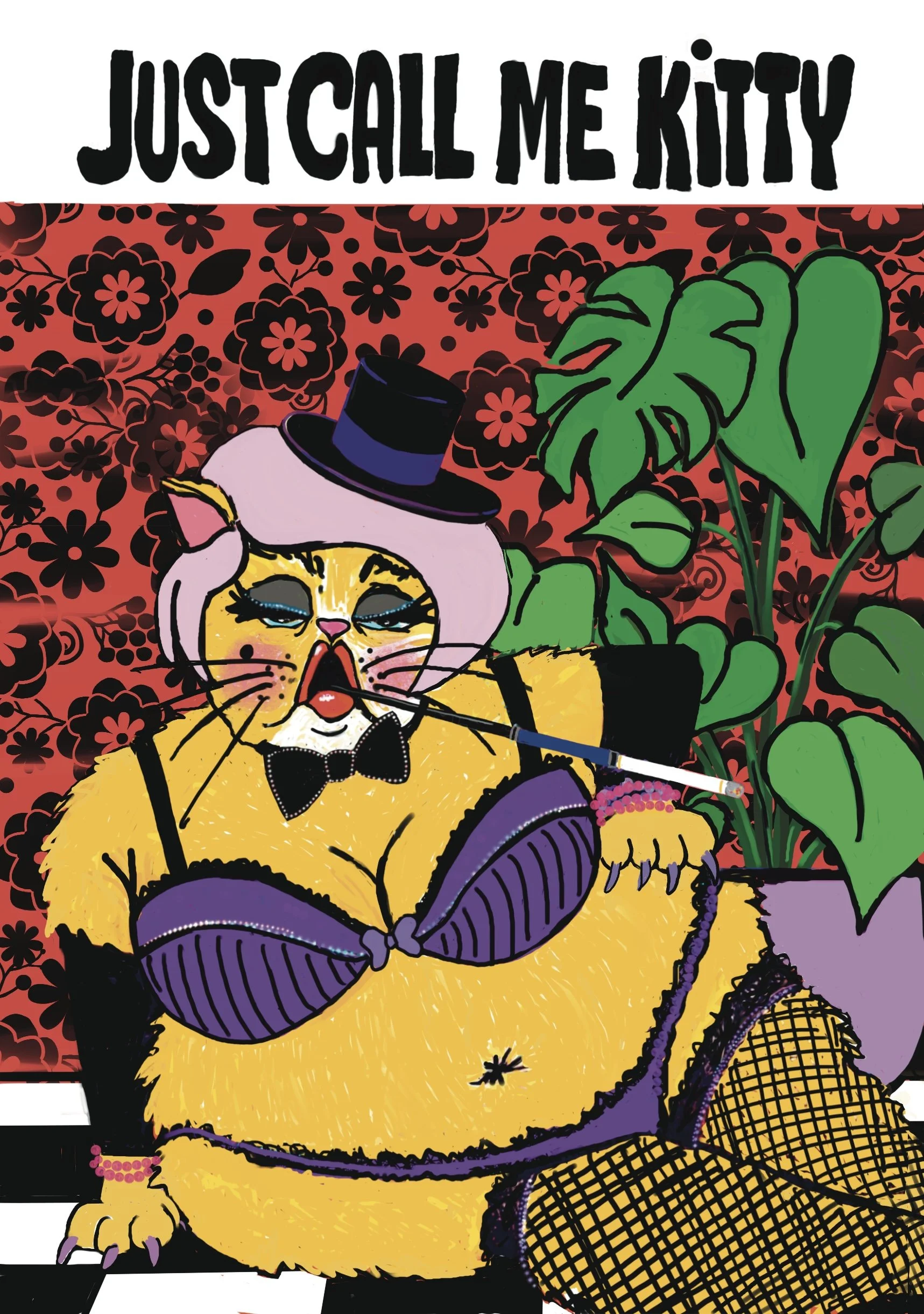 Just Call Me Kitty – quirky Crappy Cats art print featuring a glamorous yellow cat dressed in vintage-inspired fashion against a colourful retro floral background.