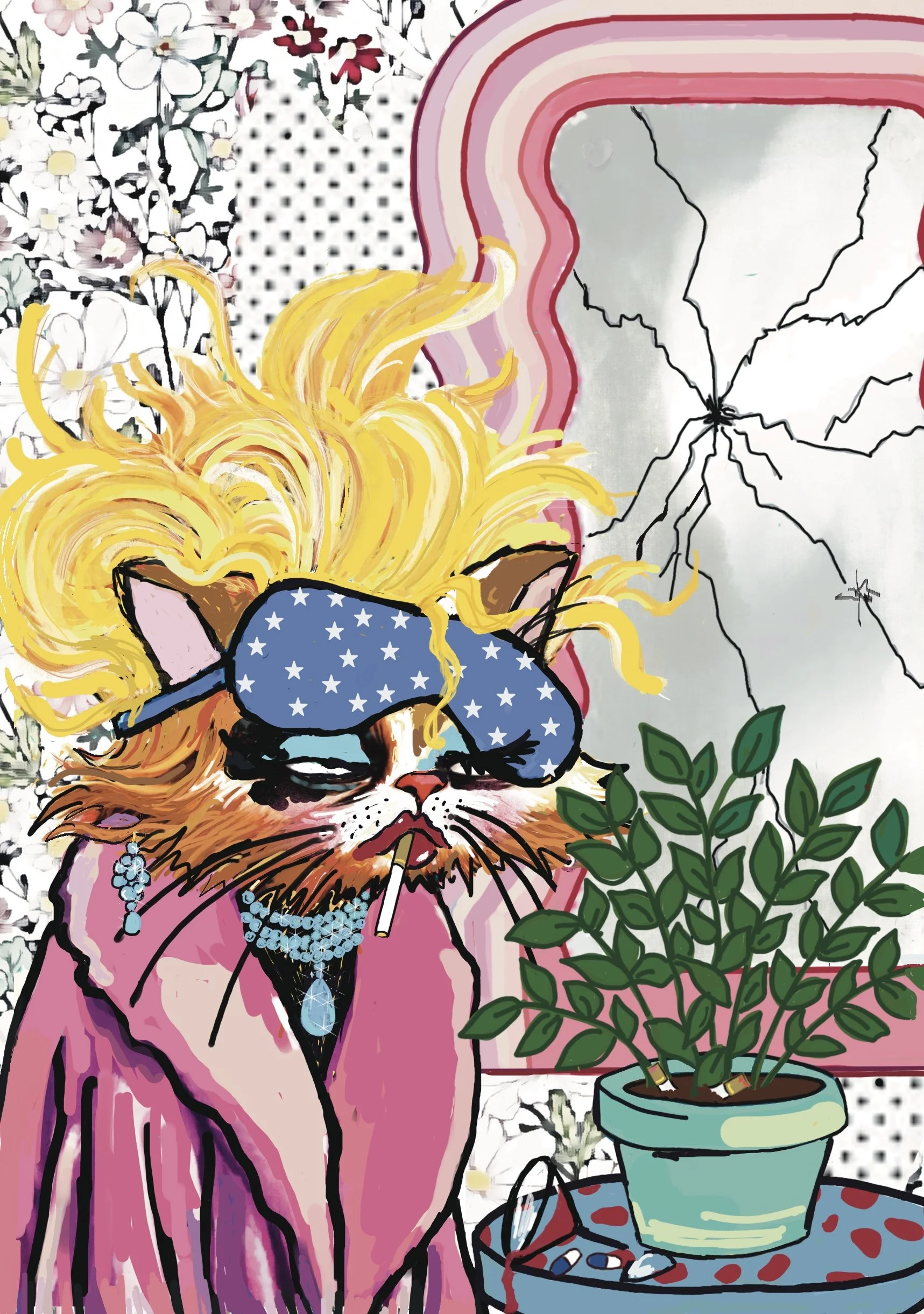 Whimsical Crappy Cats illustration of a glamorous cat in a pink robe with messy blonde hair, a cracked mirror, cigarette, jewellery and a sleepy eye mask, surrounded by floral wallpaper and a houseplant.
