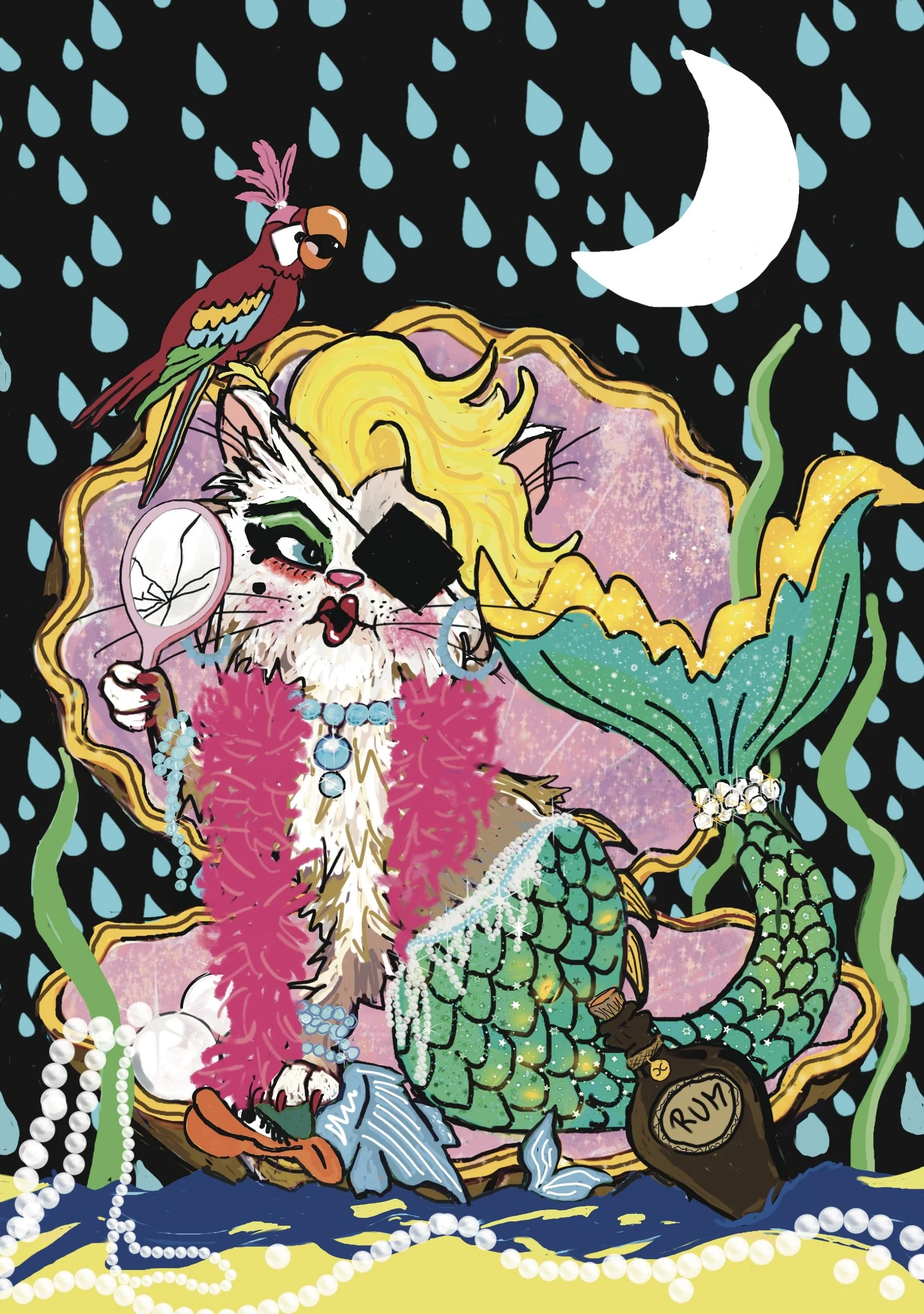 Whimsical Crappy Cats illustration of a glamorous pirate mermaid cat with an eye patch, parrot, pearls and a broken mirror, sitting inside a giant seashell beneath a rainy night sky.