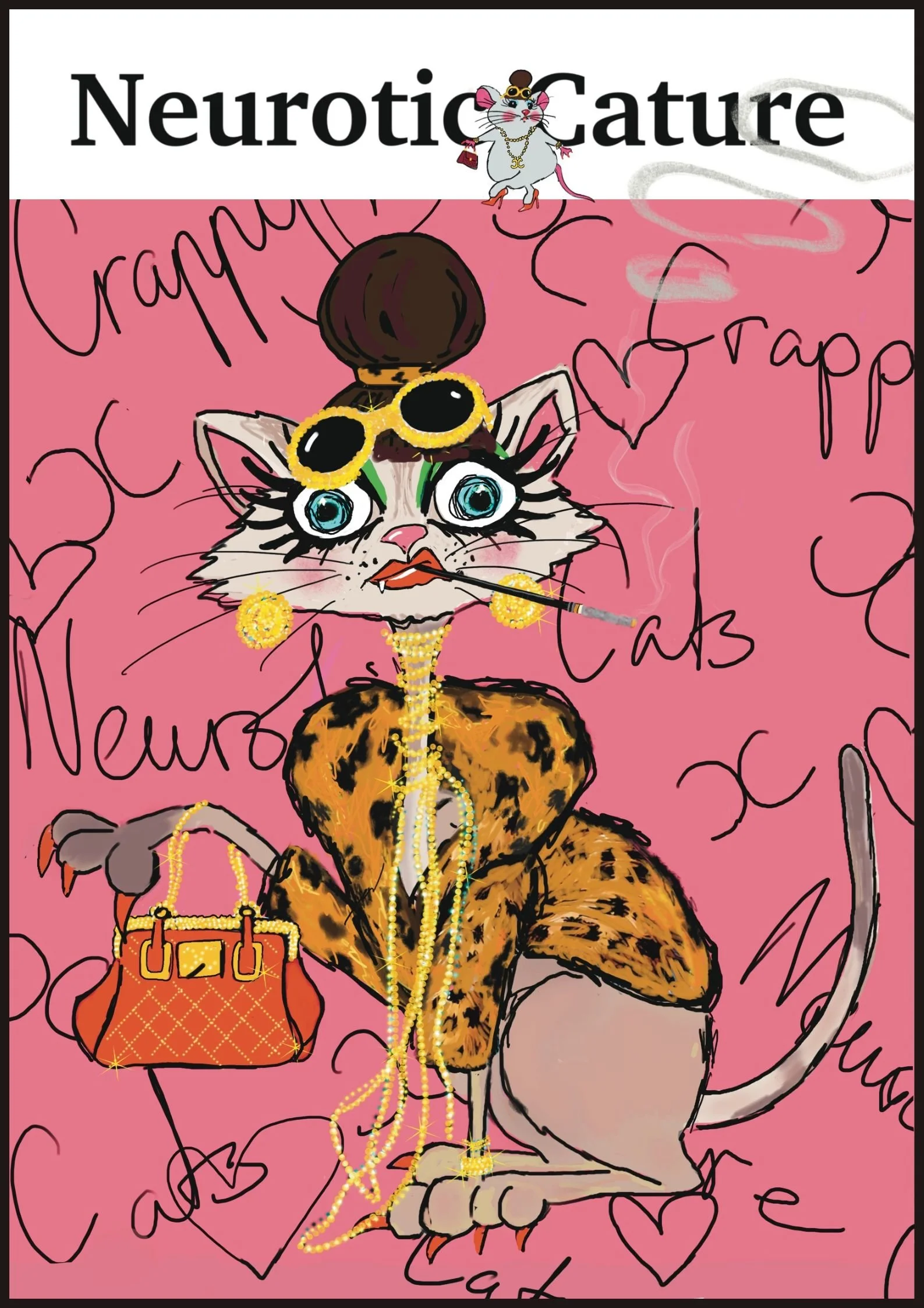 Funny pop art illustration of an anxious fashion cat wearing a leopard coat, oversized jewellery and sunglasses, holding a luxury handbag and smoking a cigarette. From the Crappy Cats and Other Stuff collection.