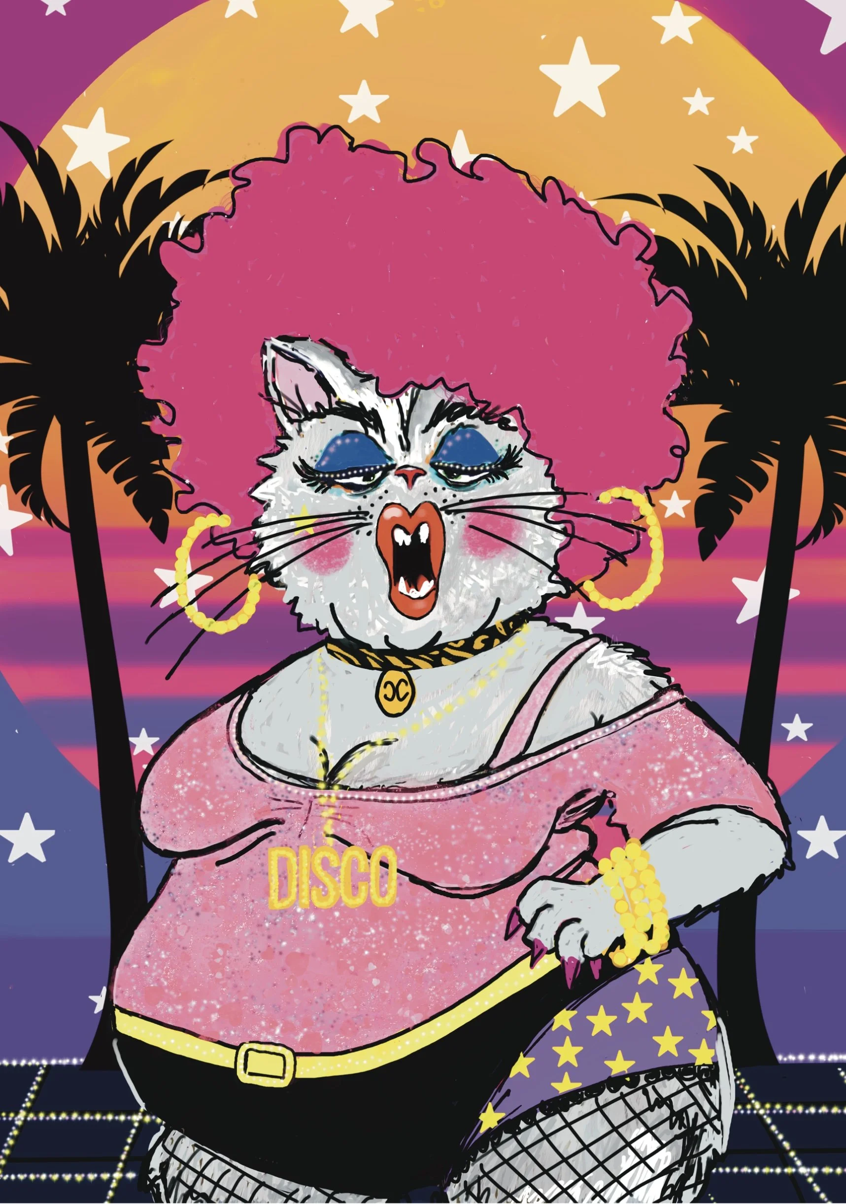 A cartoon illustration of a fierce cat dressed in 70s disco style, with a pink afro wig, large hoop earrings, a pink sparkly off-shoulder top, fishnet stockings, and jewelry including a gold necklace, bracelet, and a 'DISCO' pendant. The background features a sunset with palm trees, stars, and colorful sky.