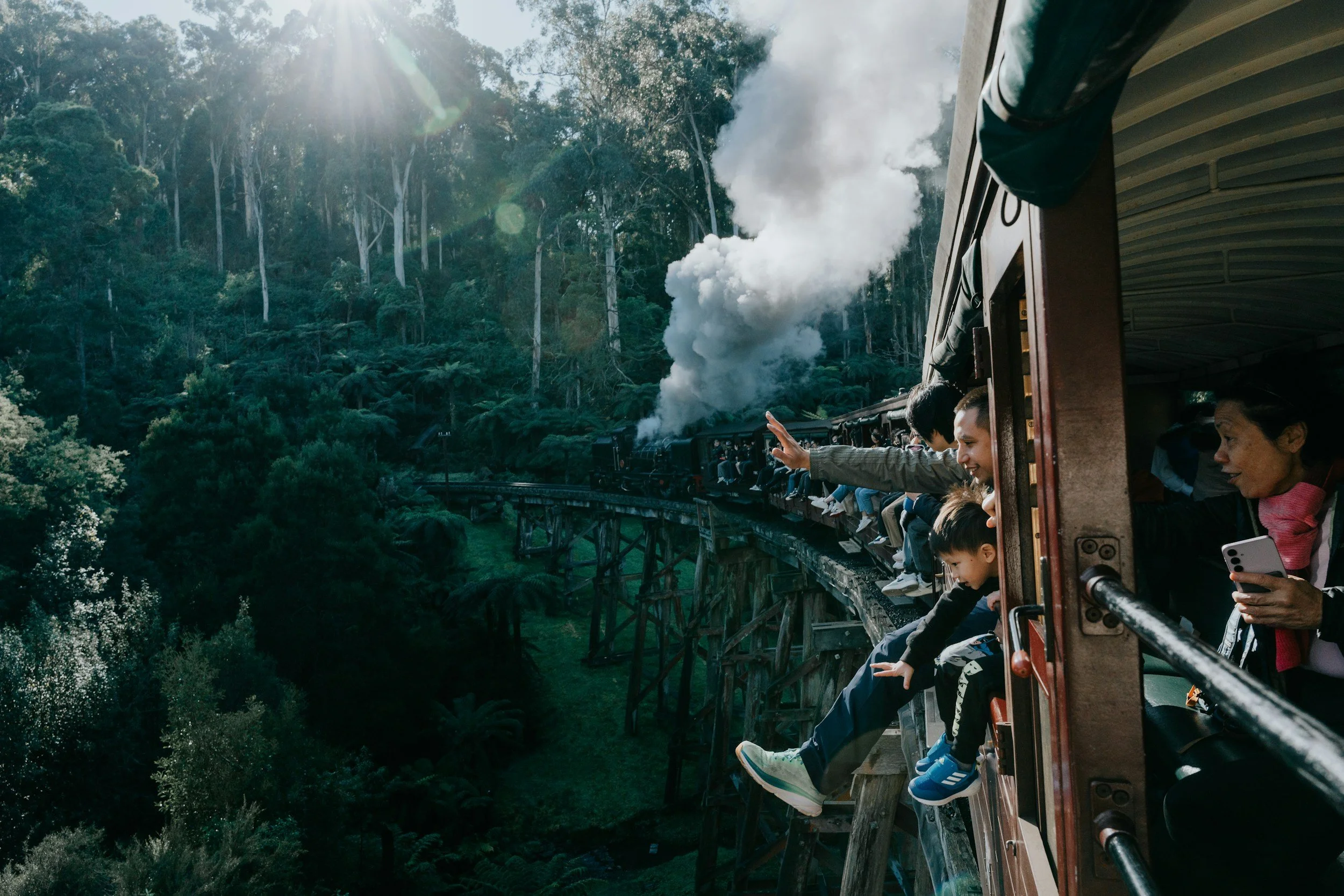 Groupe de personnes voyageant en train à vapeur à travers une forêt dense, certaines observant et prenant des photos.