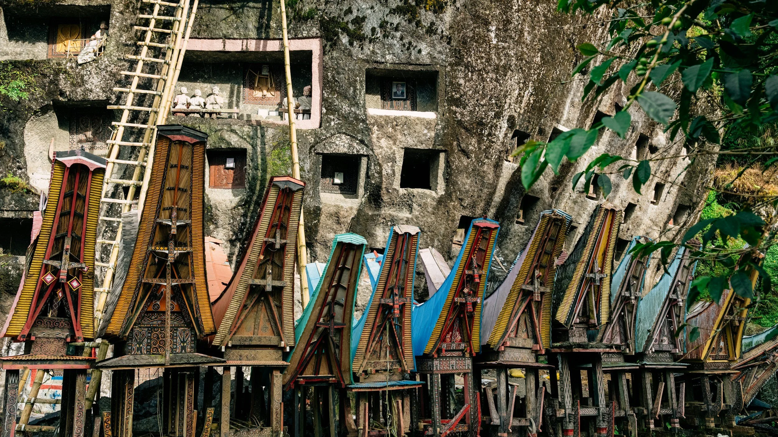 Maisons troglodytes dans une falaise rocheuse avec des escaliers en bambou et des toits en bois colorés.