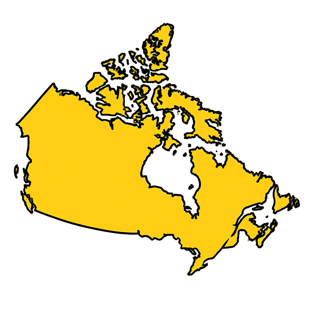 Carte du Canada en jaune avec frontières en noir.