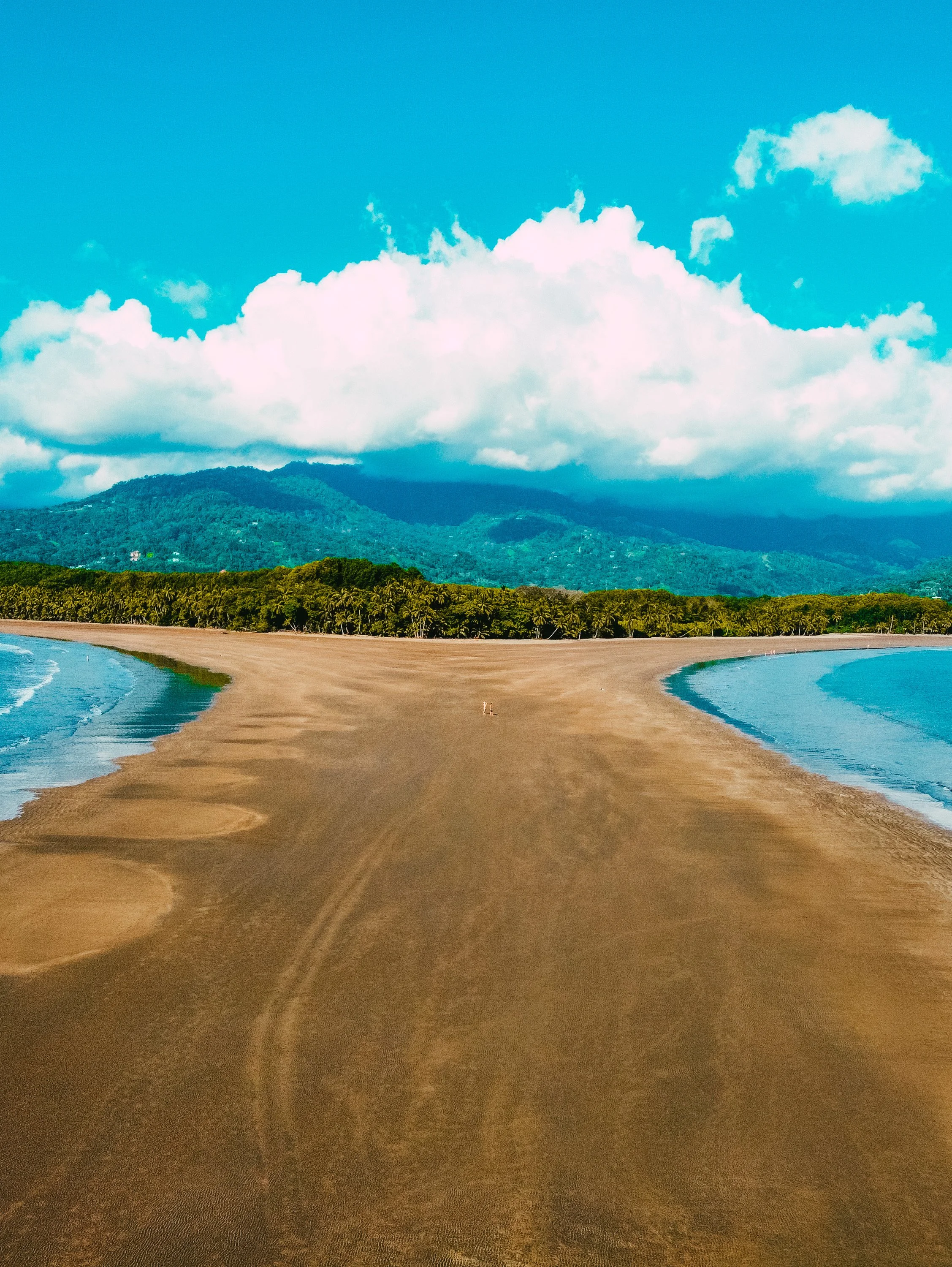 Plage de sable avec des vagues et des palmiers, montagnes verdoyantes à l'arrière-plan, ciel bleu avec des nuages blancs.
