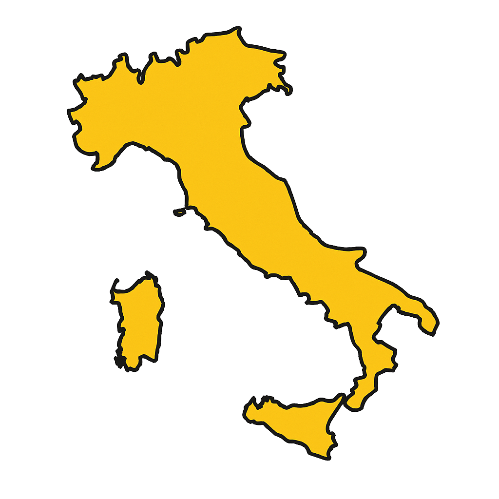 Carte de l'Italie en jaune sur fond noir.