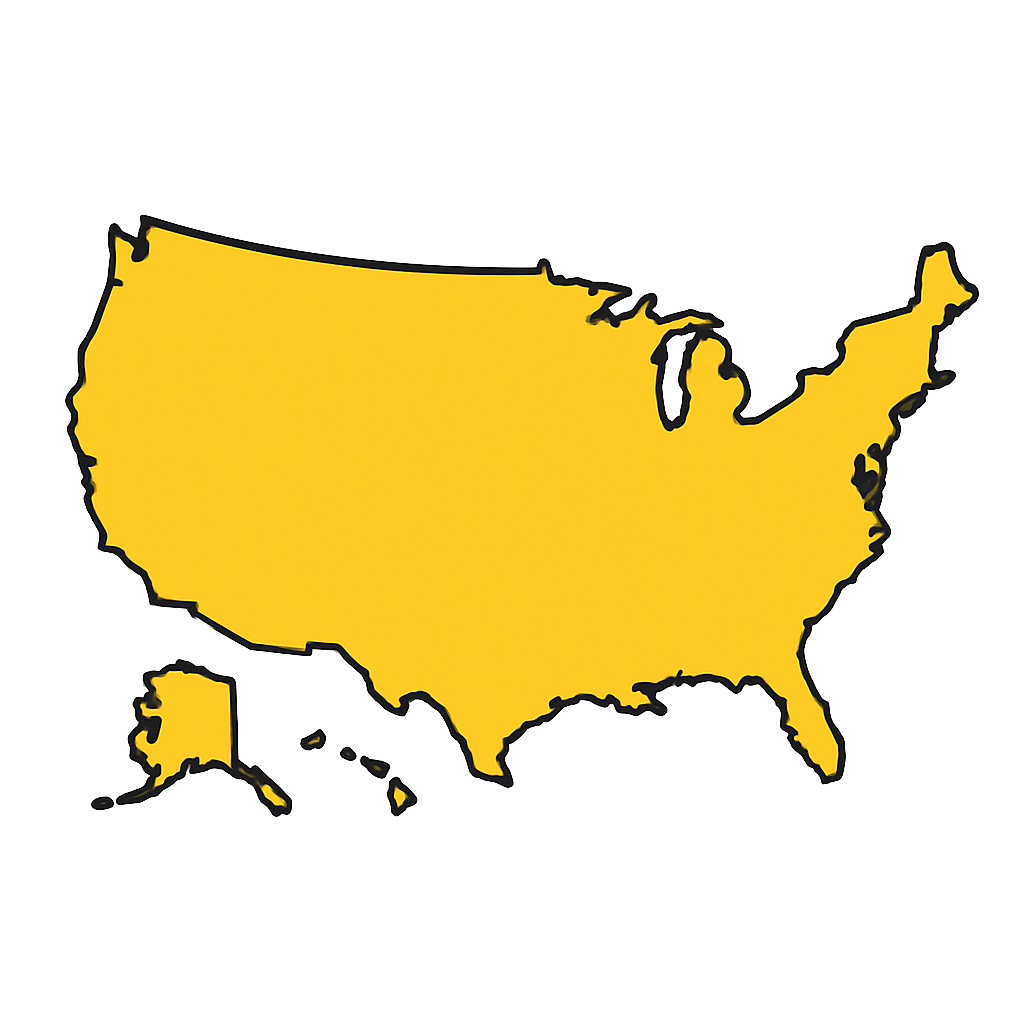 Carte des États-Unis en jaune avec contour noir.