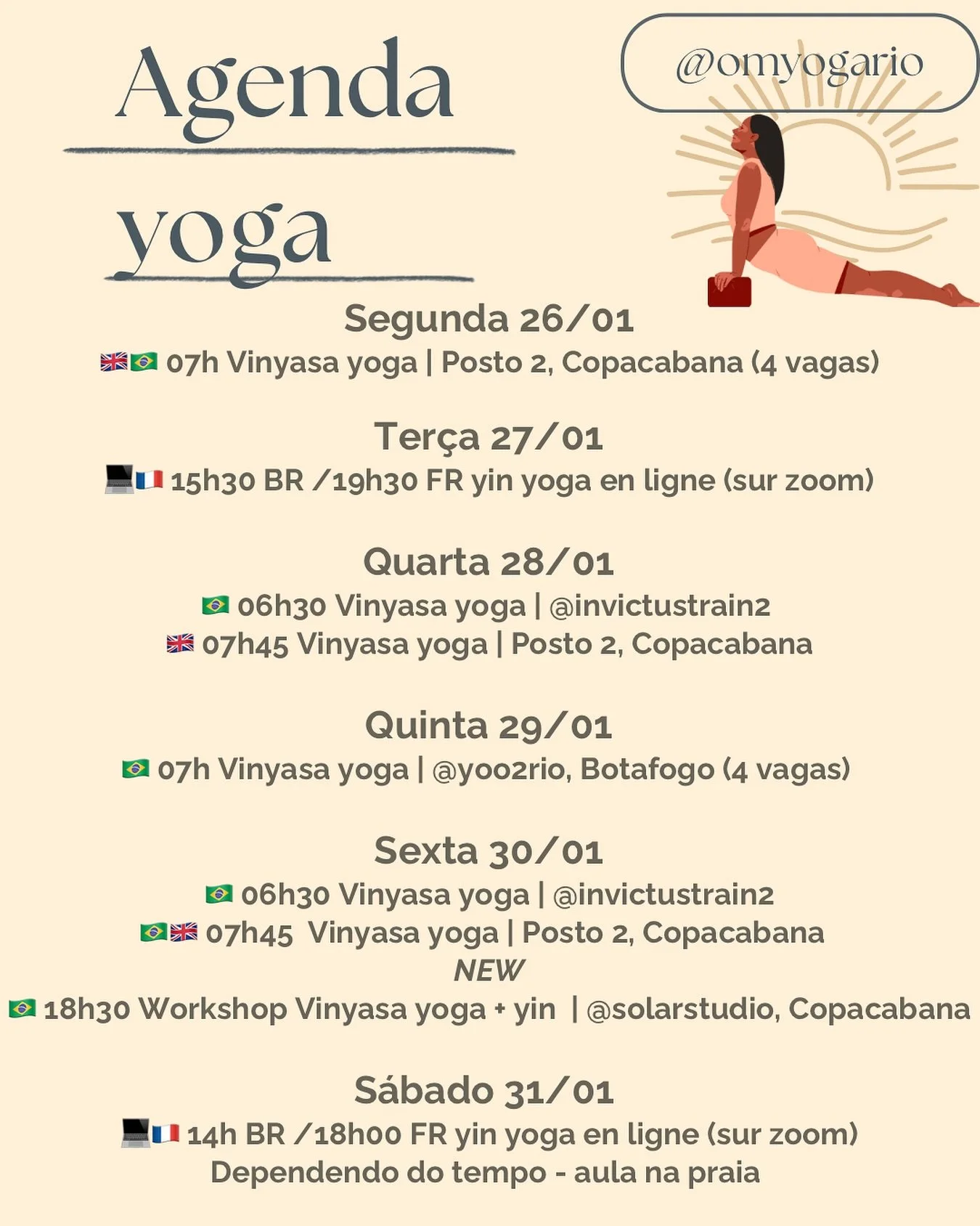 E seguimos com nossas aulas de yoga 🧘🏽&zwj;♀️🌞
Nova semana e voltamos no tapetinho ✨ 
Quer praticar yoga com a gente ? 
Inscri&ccedil;&atilde;o no Omyogario.as.me ou pelo DM comigo 💌
 
Aulas em portugu&ecirc;s 🇧🇷/ english 🇬🇧 / fran&ccedil;ais