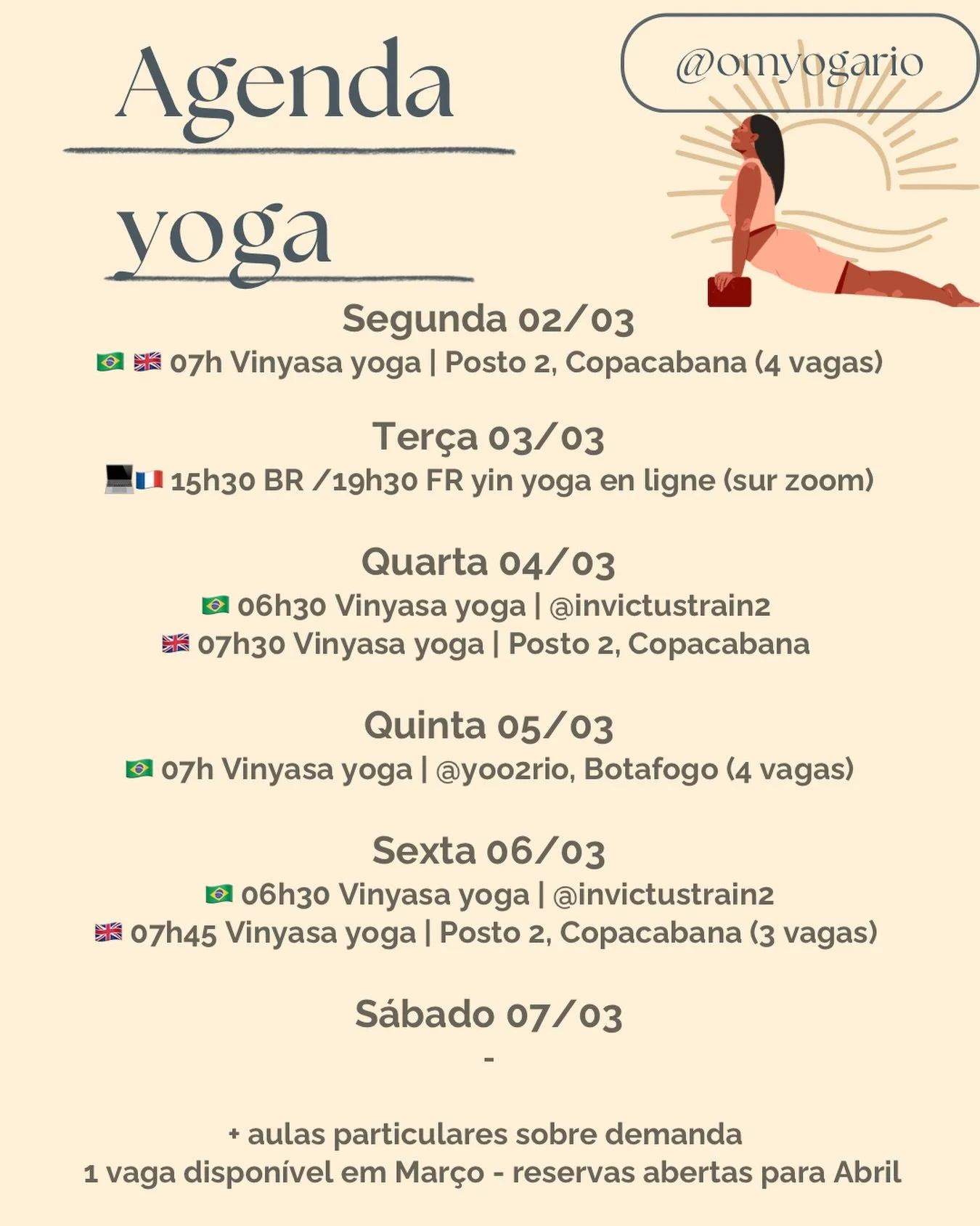 Boa noite com nossa agenda semanal de yoga 🧘🏽&zwj;♀️🌞
Vamos praticar yoga! Esse m&ecirc;s de Mar&ccedil;o vai ser com a tem&aacute;tica de Back to basics: voltamos a nossa aten&ccedil;&atilde;o para o corpo, a nossa respira&ccedil;&atilde;o e a qu