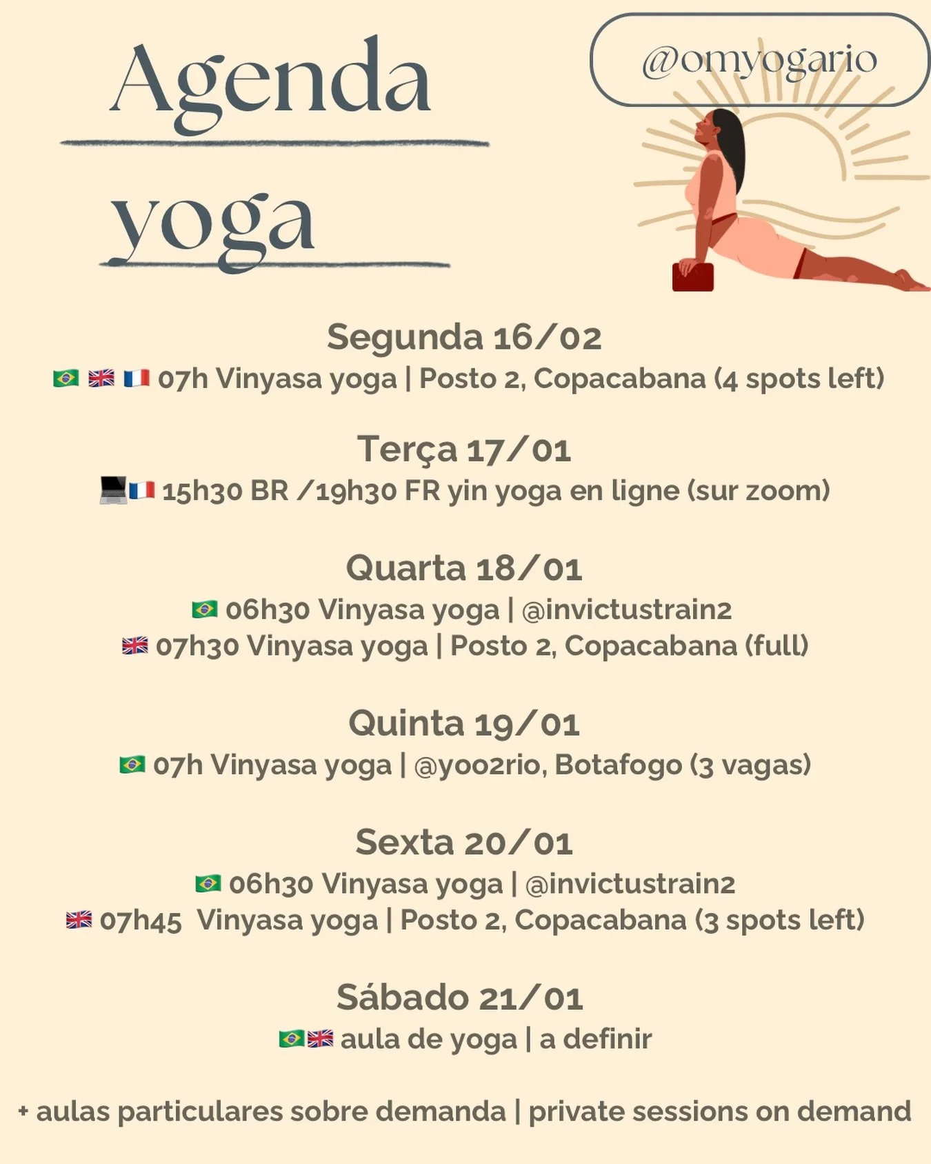 O sol est&aacute; de volta, vamos l&aacute; praticar com uma nova semana de yoga 🧘🏽&zwj;♀️🌞
Quer praticar yoga com a gente ? 
Inscri&ccedil;&atilde;o no Omyogario.as.me ou pelo DM comigo 💌
 
Aulas em portugu&ecirc;s 🇧🇷/ english 🇬🇧 / fran&cced