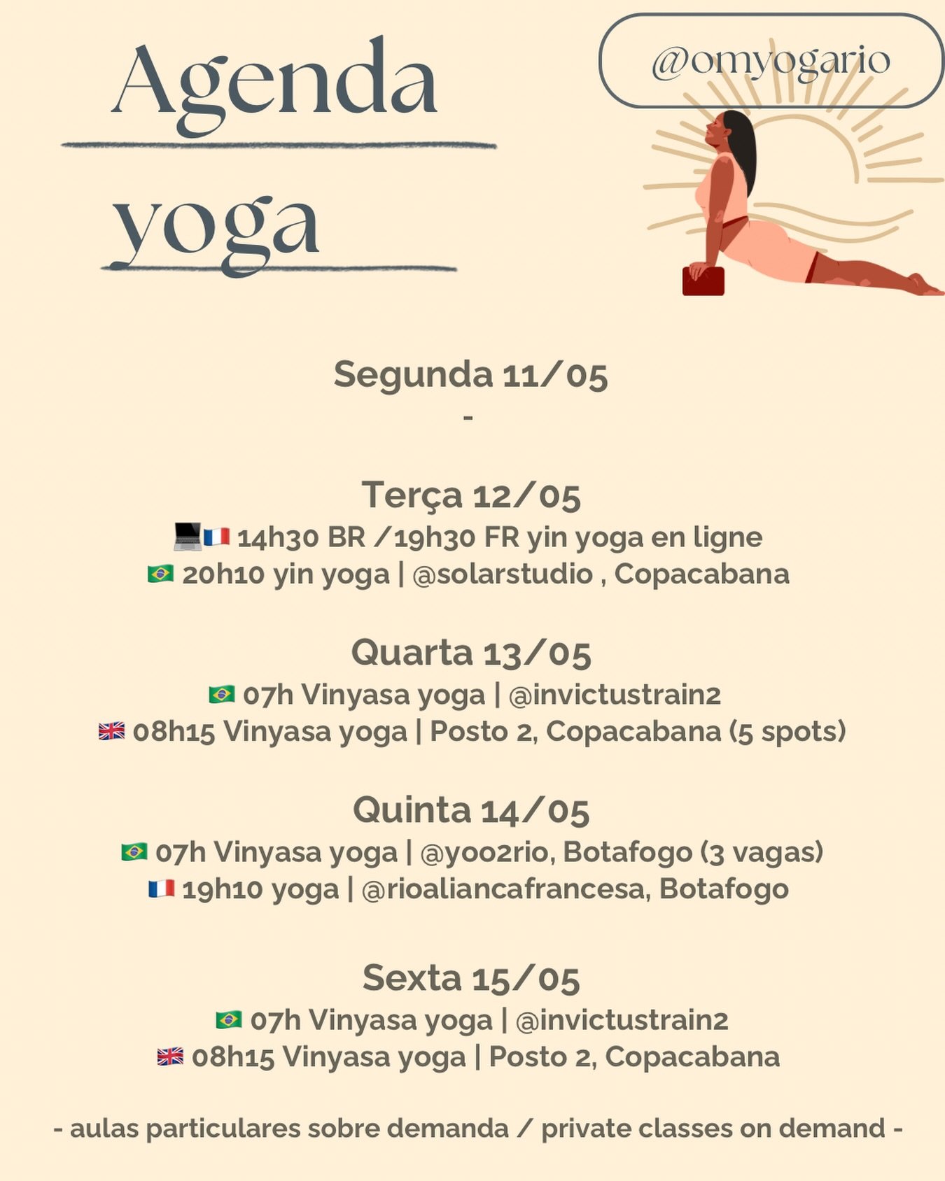 Boa noite com nossa agenda semanal de yoga🧘🏽&zwj;♀️🌞 Quer ter uma pr&aacute;tica regular de yoga com a gente ? 
Inscri&ccedil;&atilde;o no Omyogario.as.me ou pelo DM comigo 💌

Tamb&eacute;m me manda mensagem para entrar no nosso grupo WhatsApp 🫶