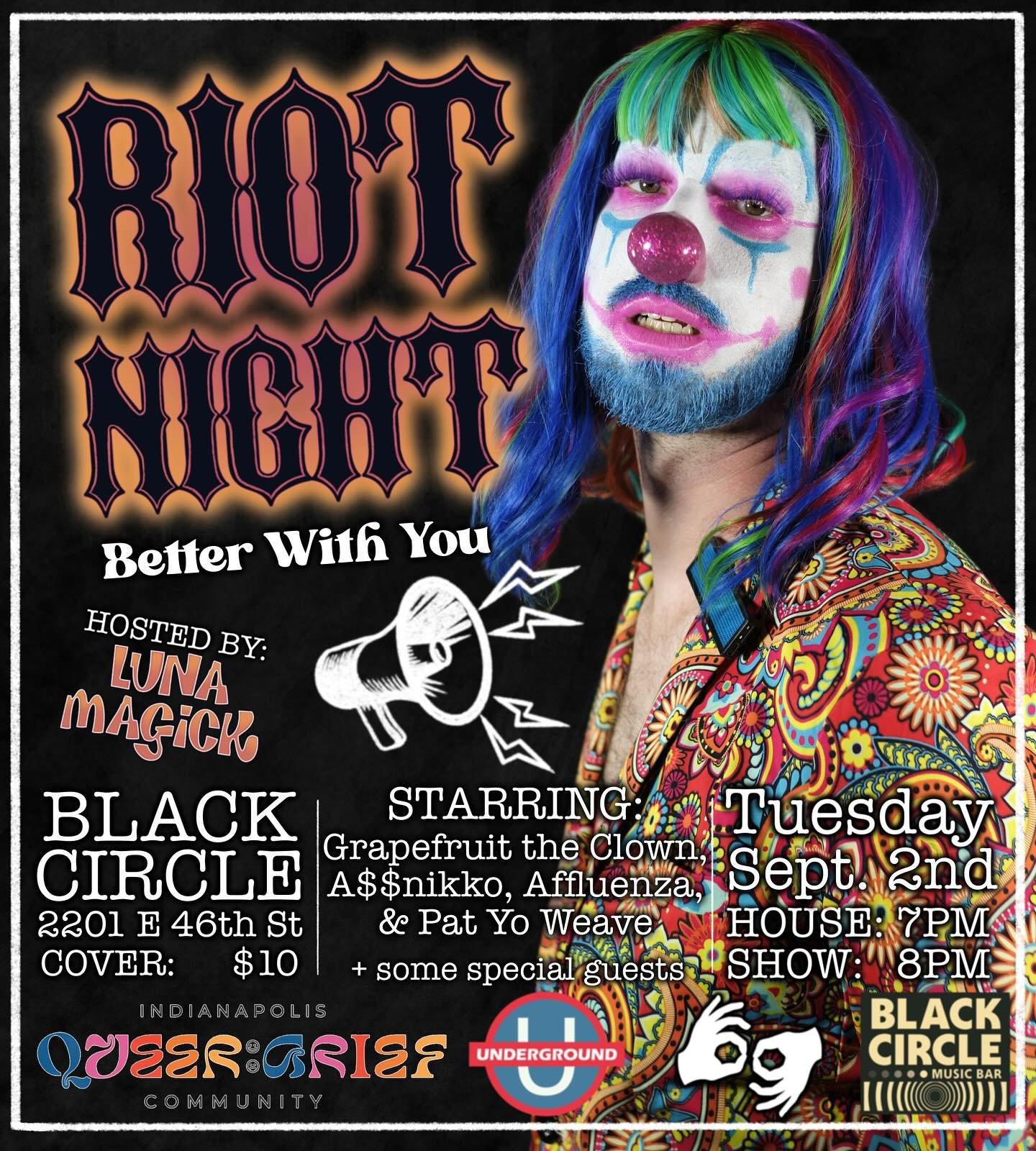 September 2nd I'll be at Riot Night! Happy @mxmagick asked me to perform
for suicide prevention month. So glad to be working with Queer Grief Indy