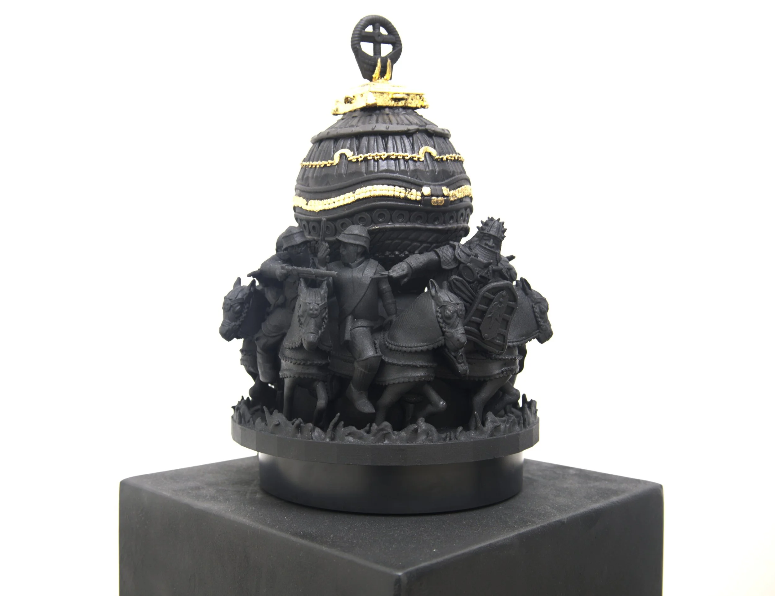 "The Untitled Saltcellar Allegory",
Sculpture. 
Gold leaf, Shellac ink, Black matt spray, resin, rotating electrical base.
2025