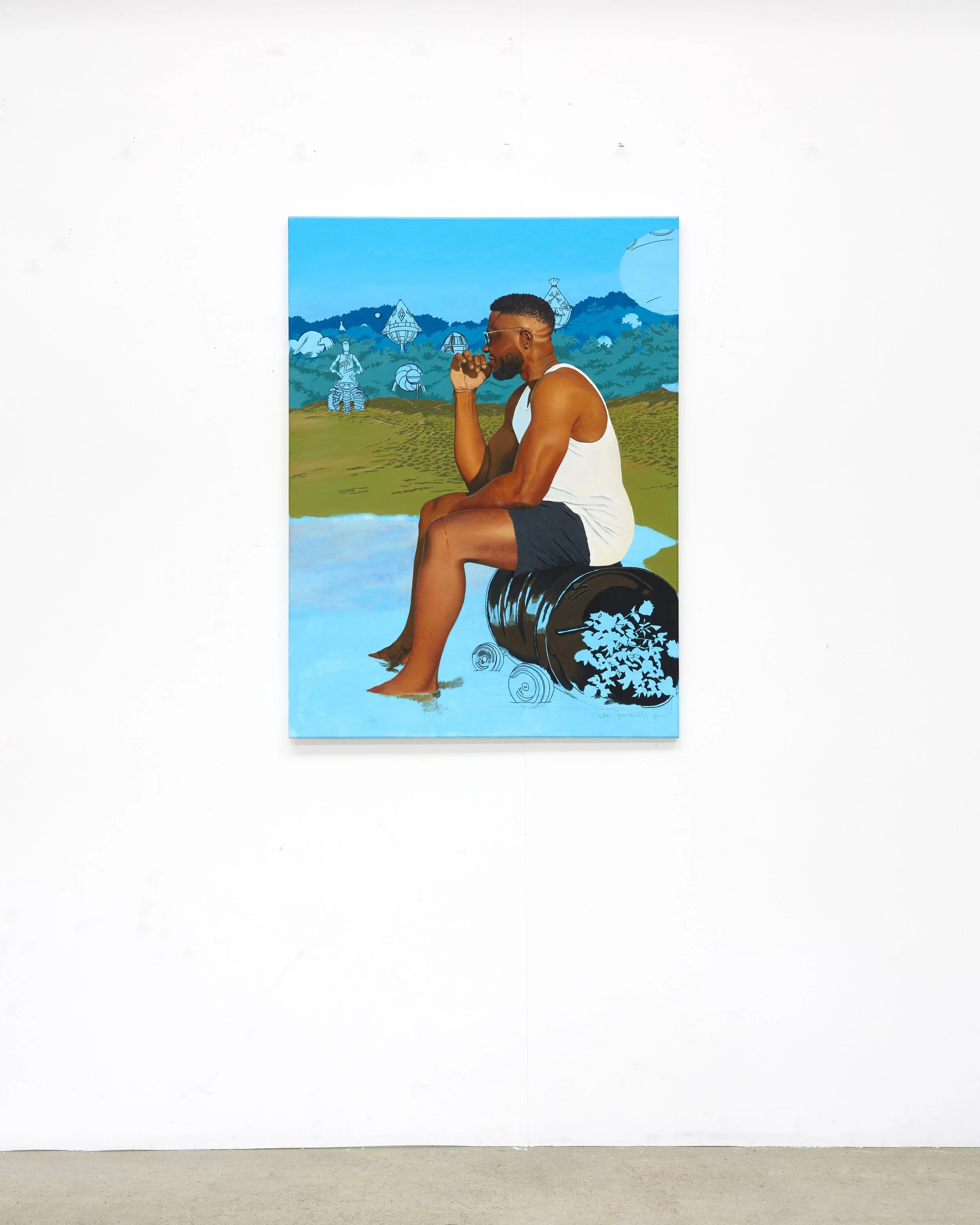 "We no go wear Hoodie for House - A speculative Niger Delta future" - Pictured on Wall,
Acrylic on Canvas,
91 x 122 cm,
2023