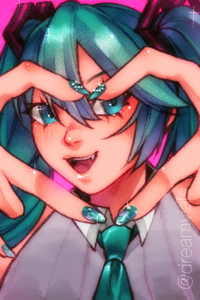 Anime-style character with teal hair and eyes making a heart shape with her hands, wearing a grey shirt, teal tie, and pink earrings, with sparkles and vibrant colors.