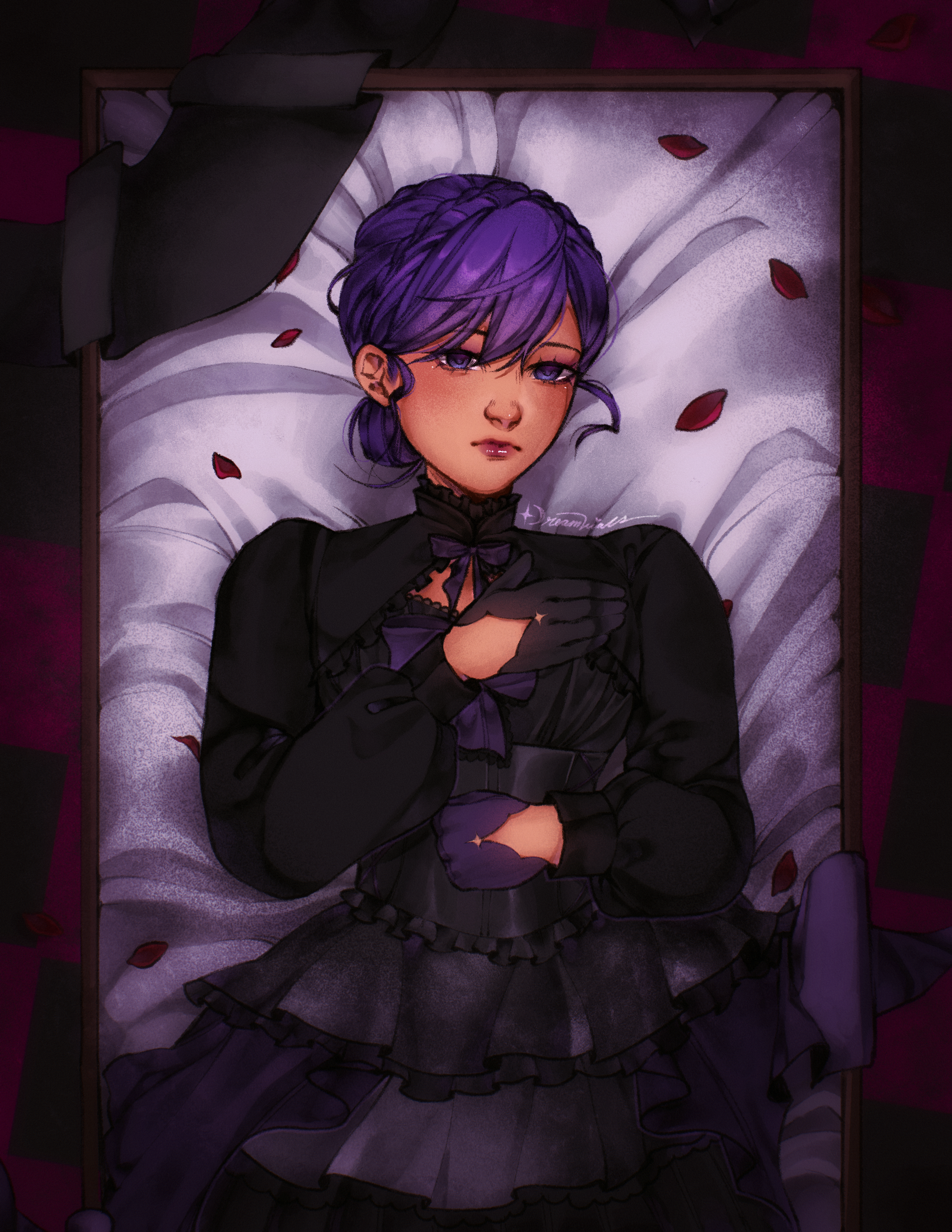 Anime-style illustration of a girl with purple hair lying on a bed with falling rose petals around her, wearing a black dress with a bow.