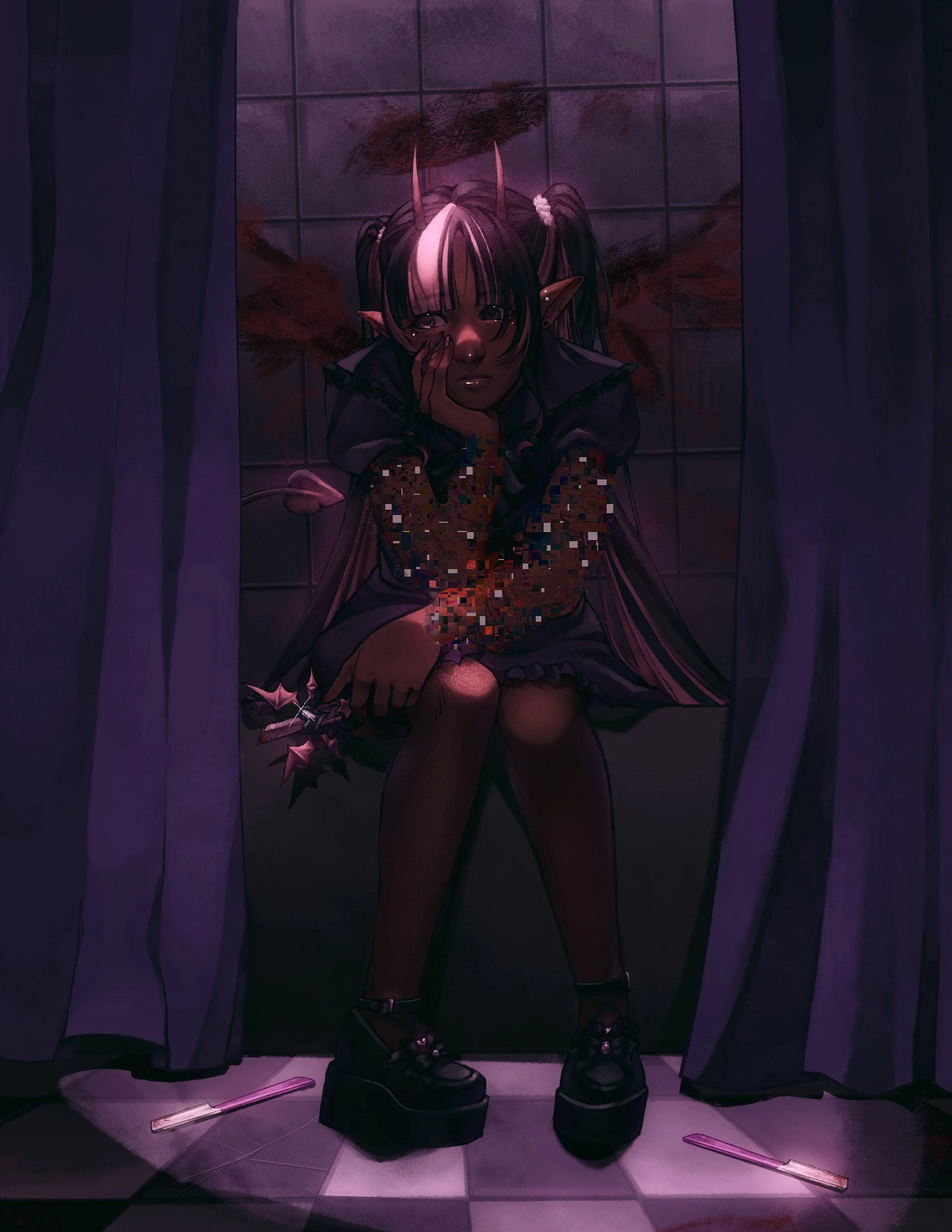 A person with dark skin, pointy ears, and pink horns is sitting on the floor, wearing a black jacket and platform shoes. They have long hair with pink and white streaks, and are holding their face with one hand. The background features dark purple cu