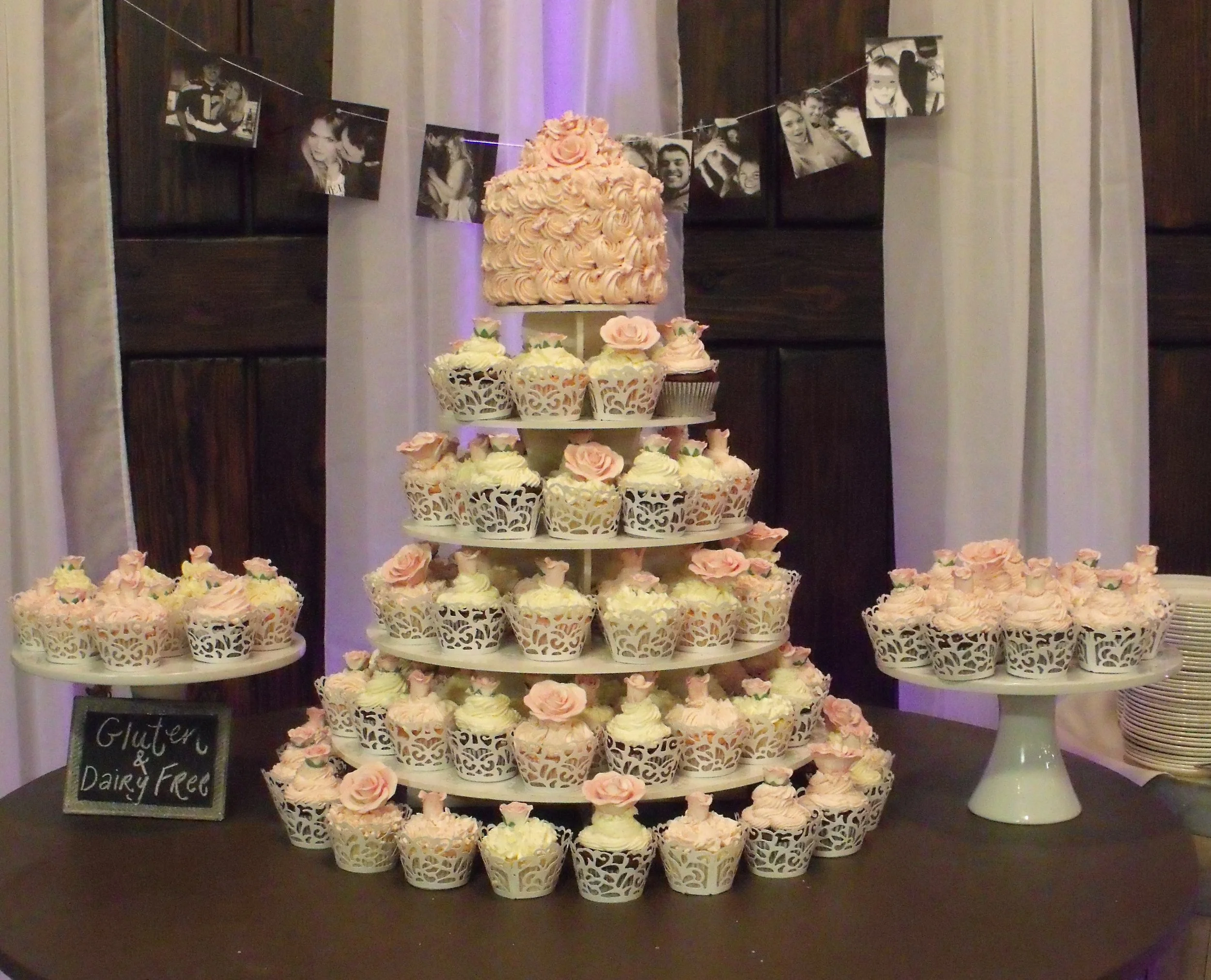 Wedding Cake and Cupcake Tower and Side Stands Lace Cutout Cupcake Sleeves Couples Cutting Cake Atop Stand Sugar Porcelain Mixed Rose Styles