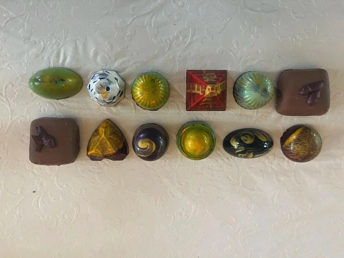 Artisan Bon Bons Hand Painted Chocolates Colors Hears Ovals Hand Dipped Ganache Metallic Pyramid Real Gold Flake