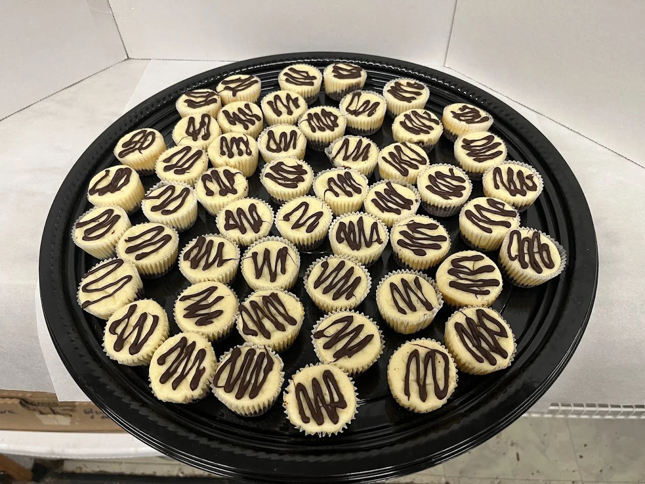 Mini Black Bottom Cheesecake Desserts Platter Piped Chocolate Design