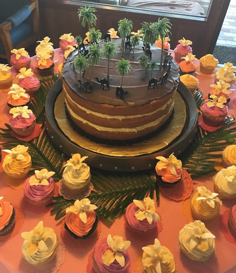 Oasis Themed Boston Cream Pie and Bright Buttercream colored Cupcakes Each with Edible Sugar Orchid