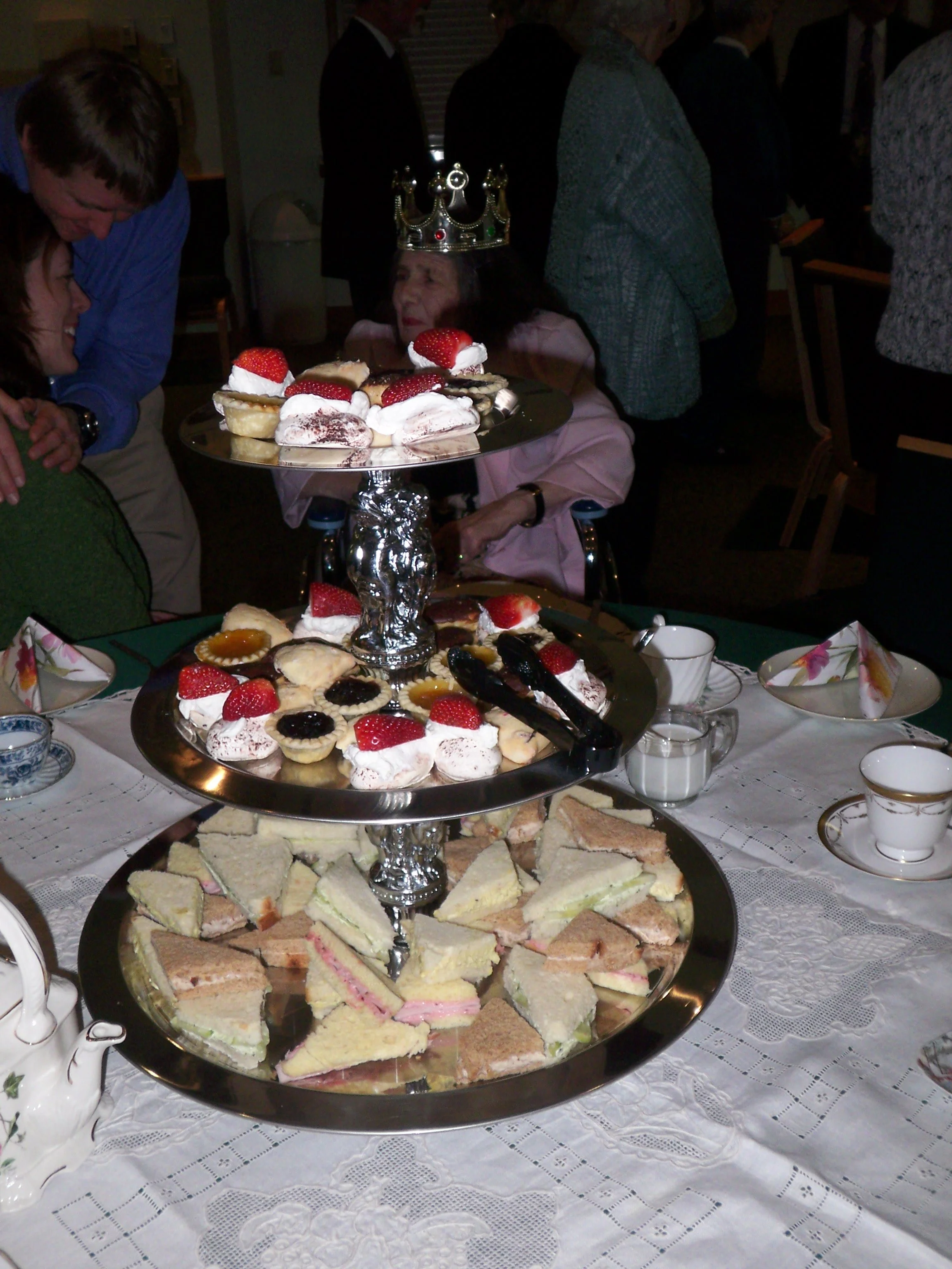 Traditional Dessert Tea Tower Dessert Jam Sandwiches Meringues with Strawberry Chocolate Custard Tart Sweet Scones