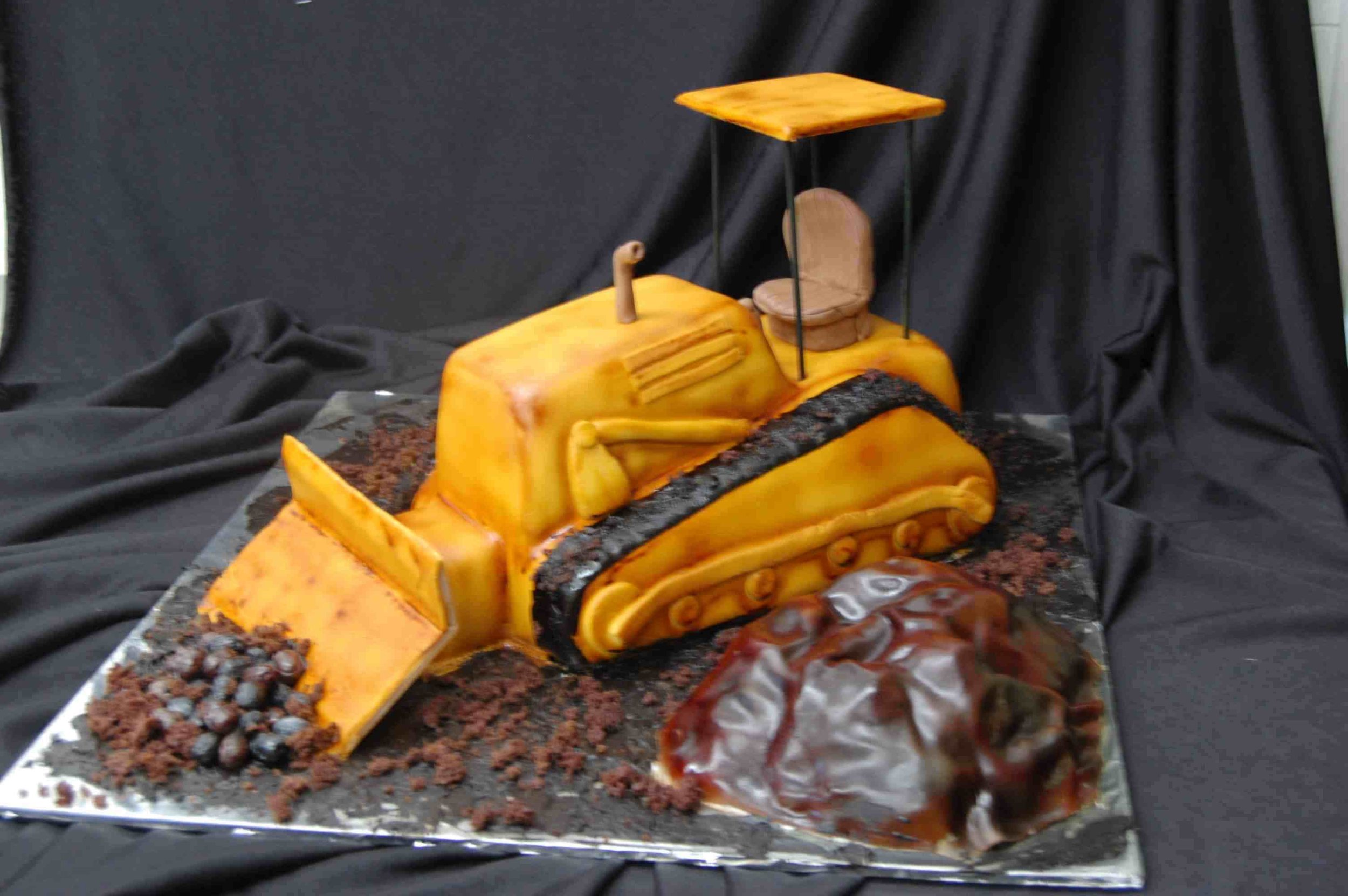 Edible Fondant Bulldozer and Rock Outcropping Cake