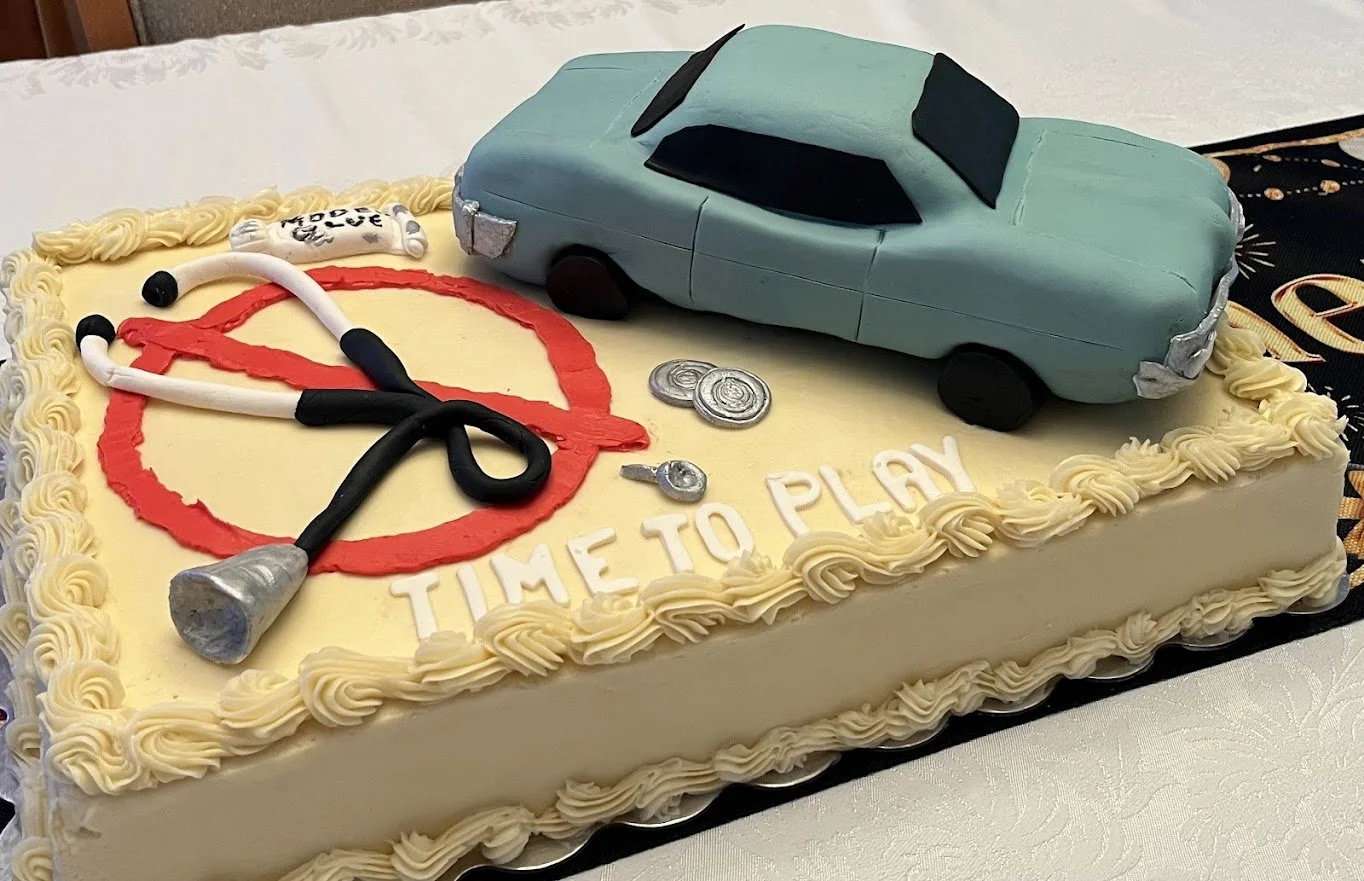3-D Cake and Fondant Replica Model Kit Car and Stethoscope Dual Retirement Theme Buttercream Frosted Sheet Cake