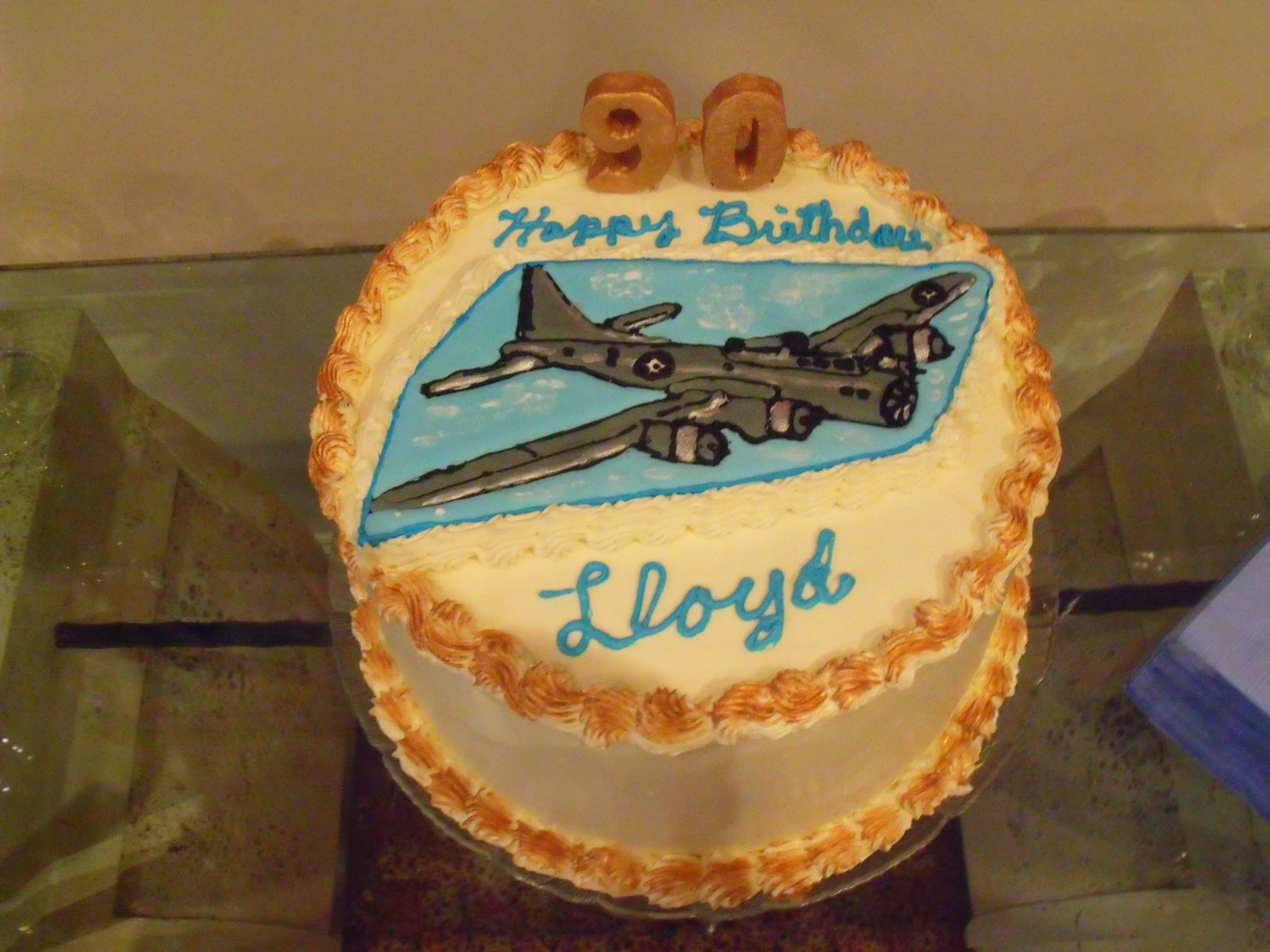 Hand Painted Frosting B-17 Bomber 90th Birthday Overbrushed Gold Metallic Sugar on Piped Buttercream Cake Boarders