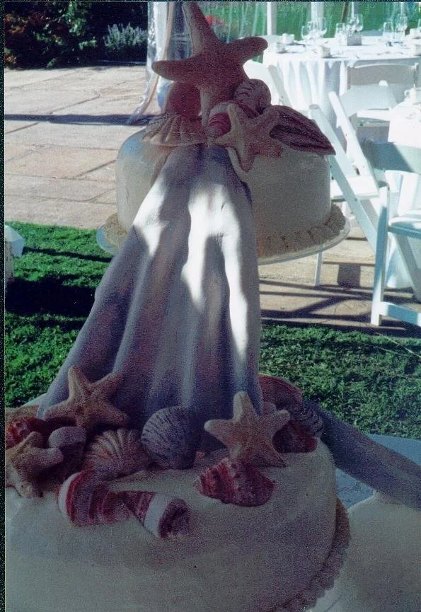 Beach and Waterfall Fantasy Wedding Cake in Sugar Porcelain and Sugar Hand Dusted Seashells