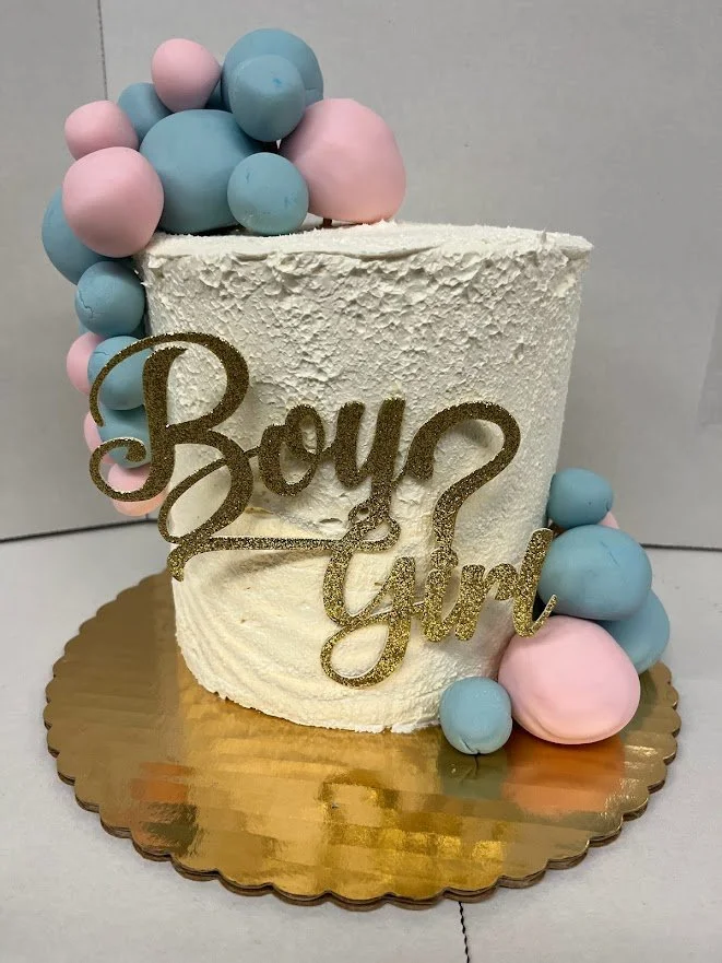 Reveal Cake pink and Blue Boy or Girl Fondant Balls Cascade both Sides of the Cake