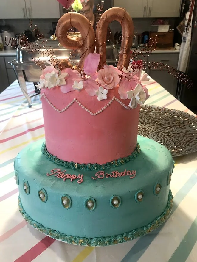 90th Birthday in Smooth Buttercream Sugar Porcelain Flowers Sugar Pearls Copper Coils Old Gold Metallic Sugar Brushed Fondant Ninety