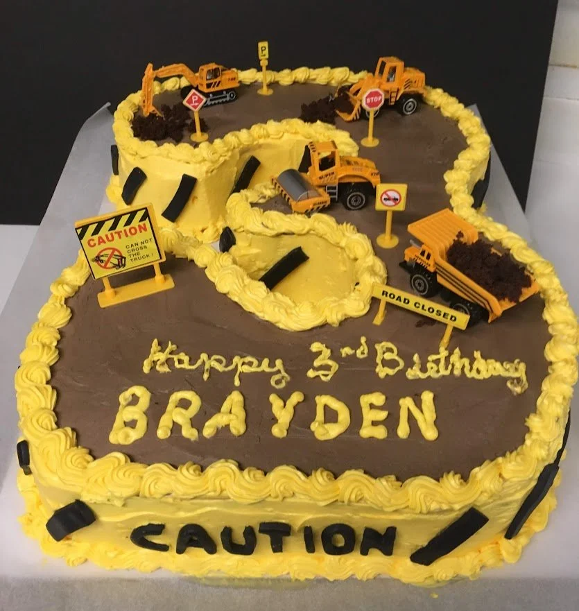 Number Three Shaped Sheet Cake with Construction Theme Equipment on Top of Cake