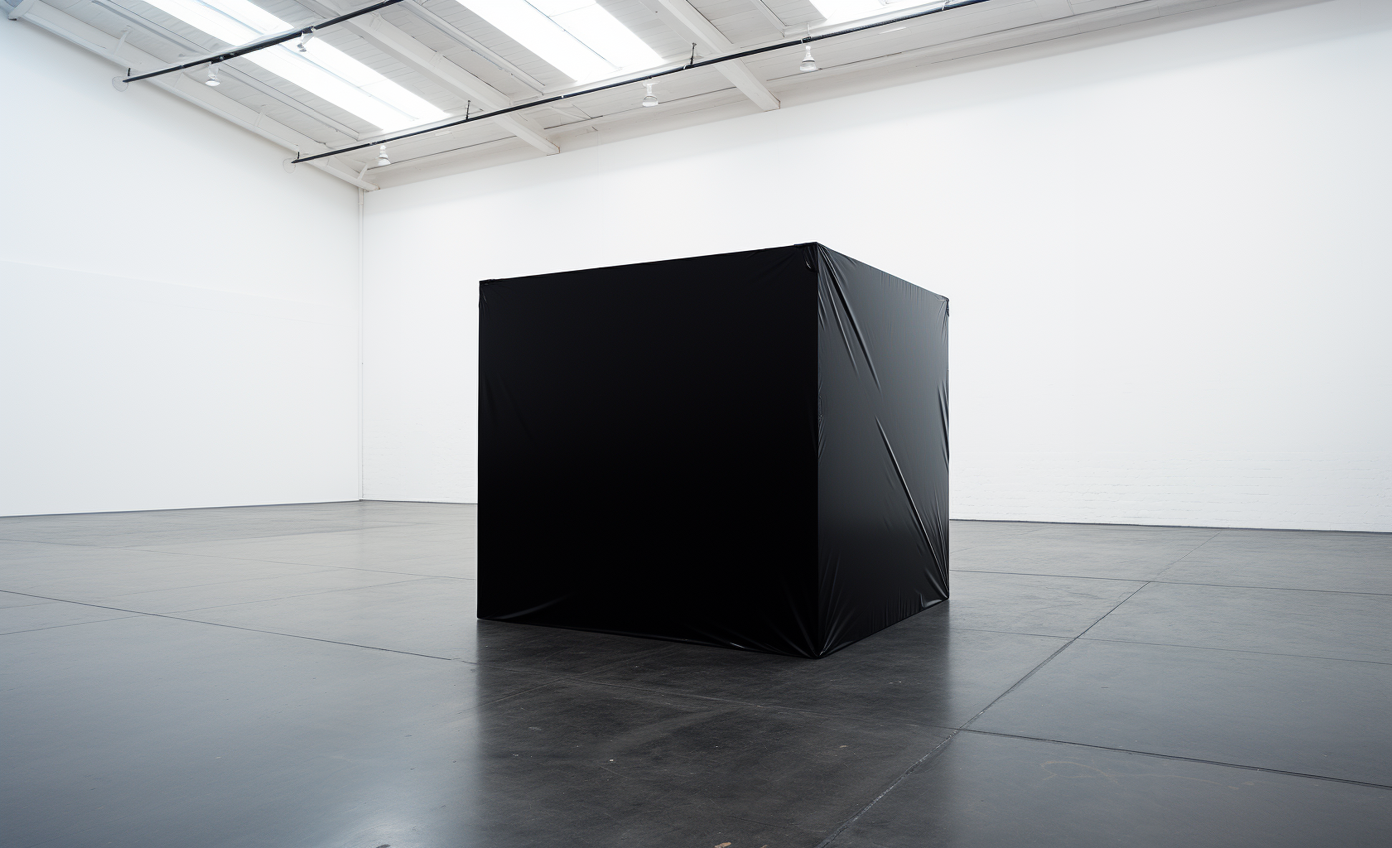 A black cube covered in black plastic in a white gallery space with high ceilings and hardwood floors.