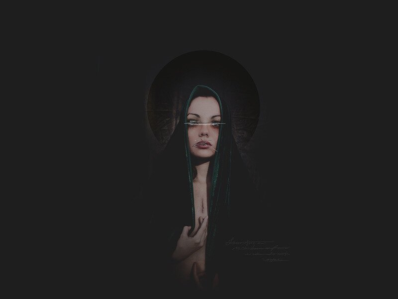 A woman with dark hair and intense makeup, wearing a dark hooded garment, standing in front of a dark, mysterious background with a faint circular halo behind her head.